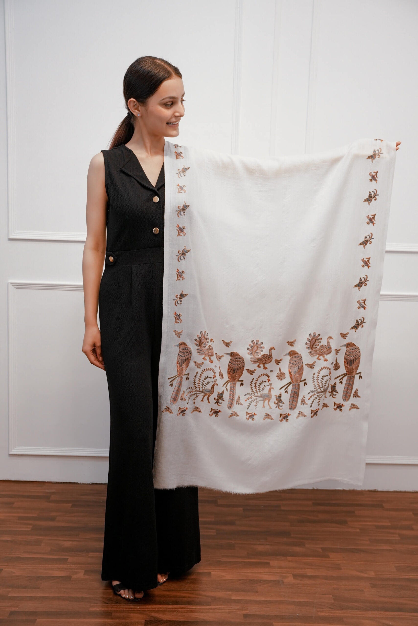 Pashmina White Bird Designed Stole