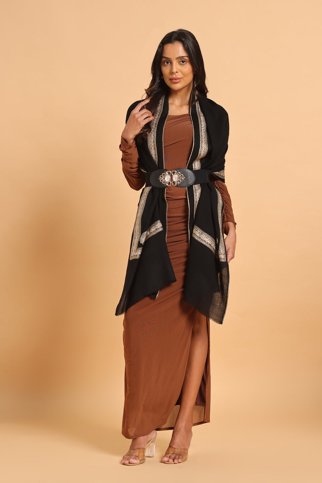 Black Floral Border & Kunj Buta Pure Wool Kashmiri Stole
