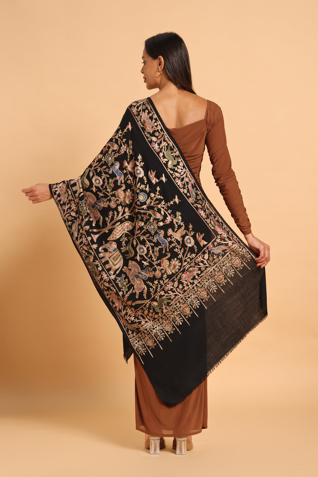 Classic Black Shikargah Fine Wool Pashmina Kashmiri Stole