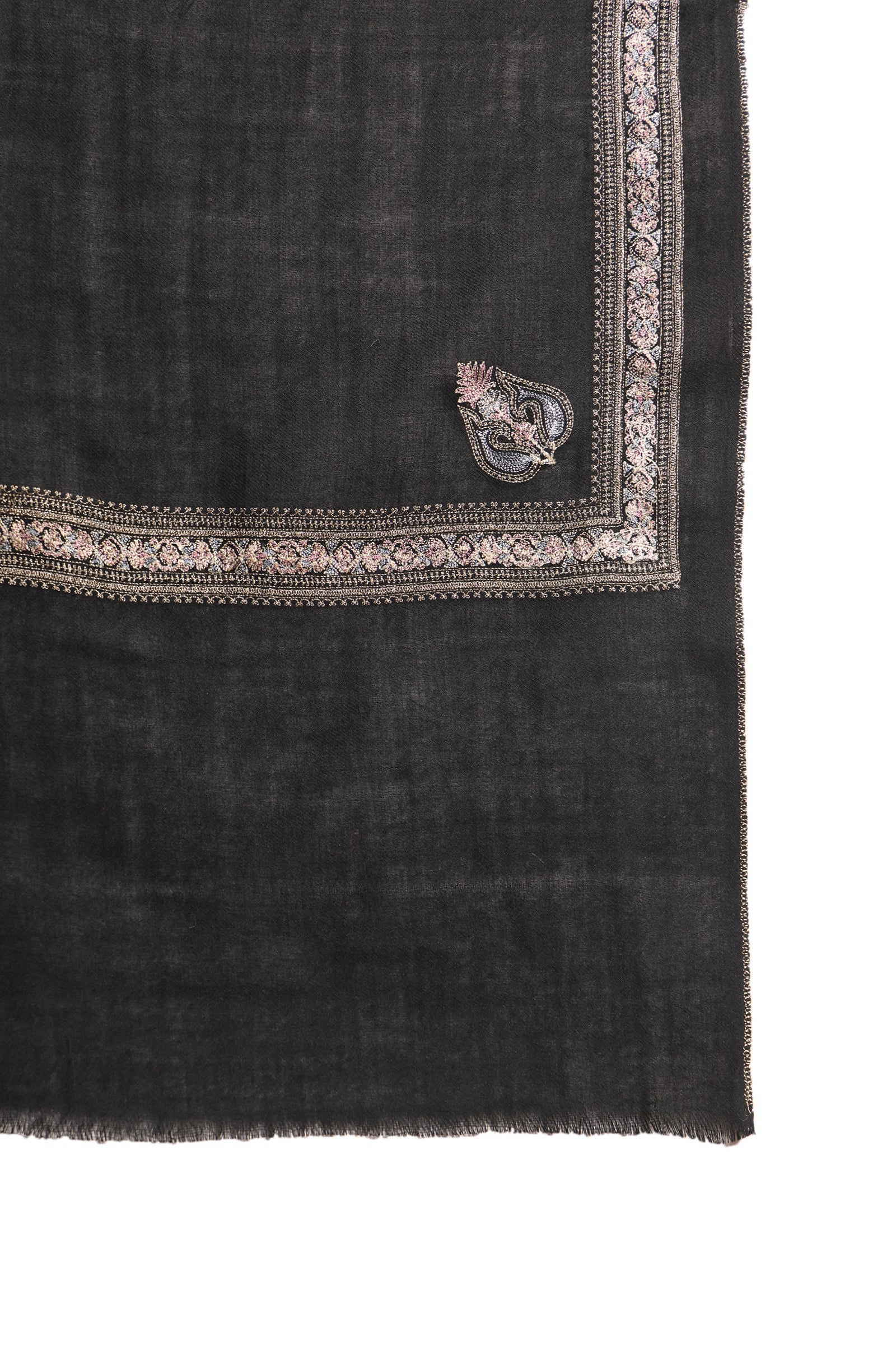 Black Floral Border & Kunj Buta Pure Wool Kashmiri Stole