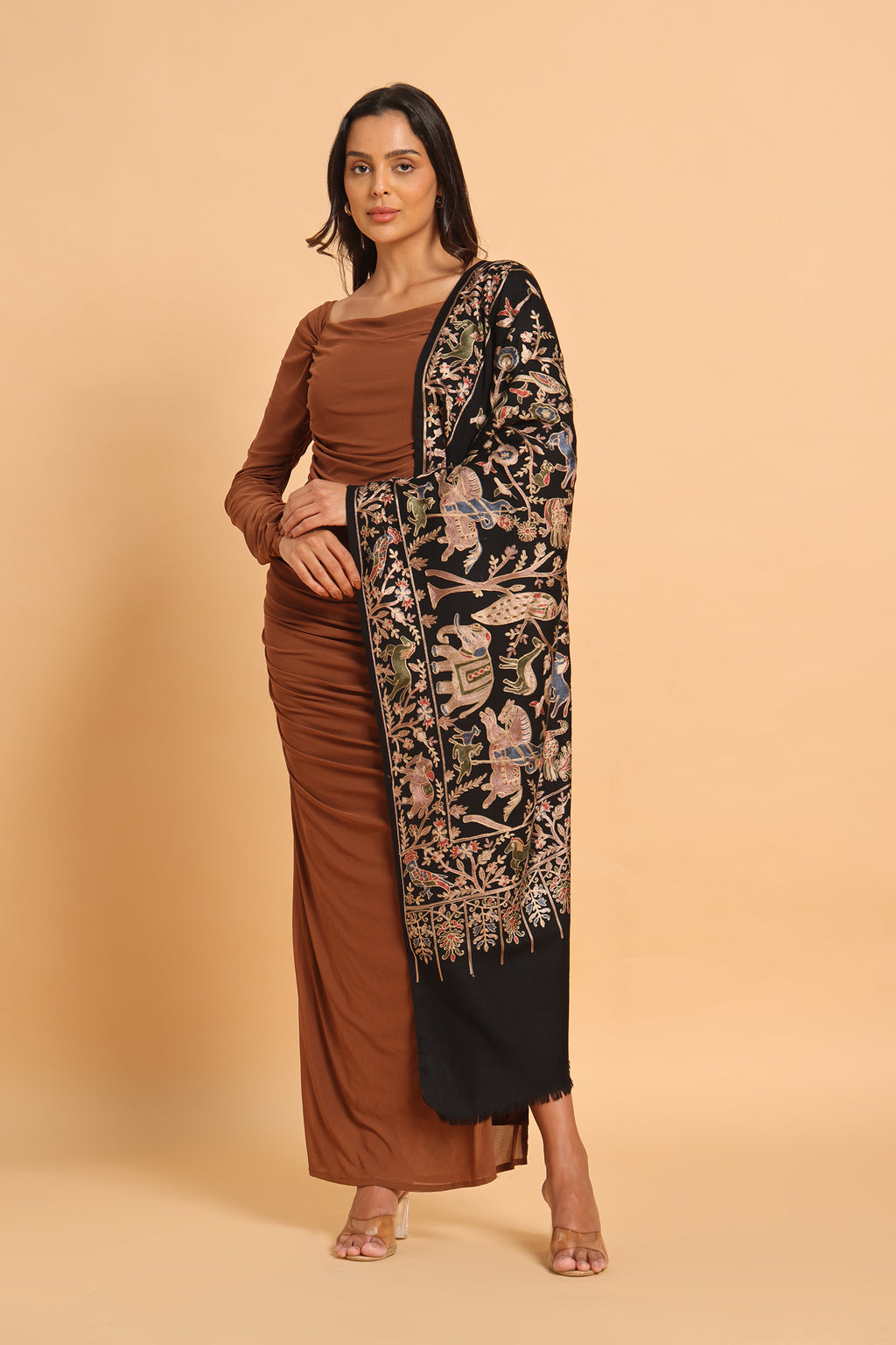 Classic Black Shikargah Fine Wool Pashmina Kashmiri Stole