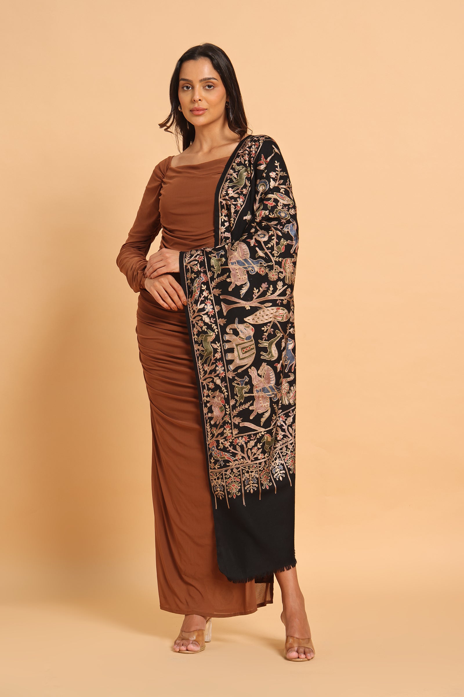 Classic Black Shikargah Fine Wool Pashmina Kashmiri Stole