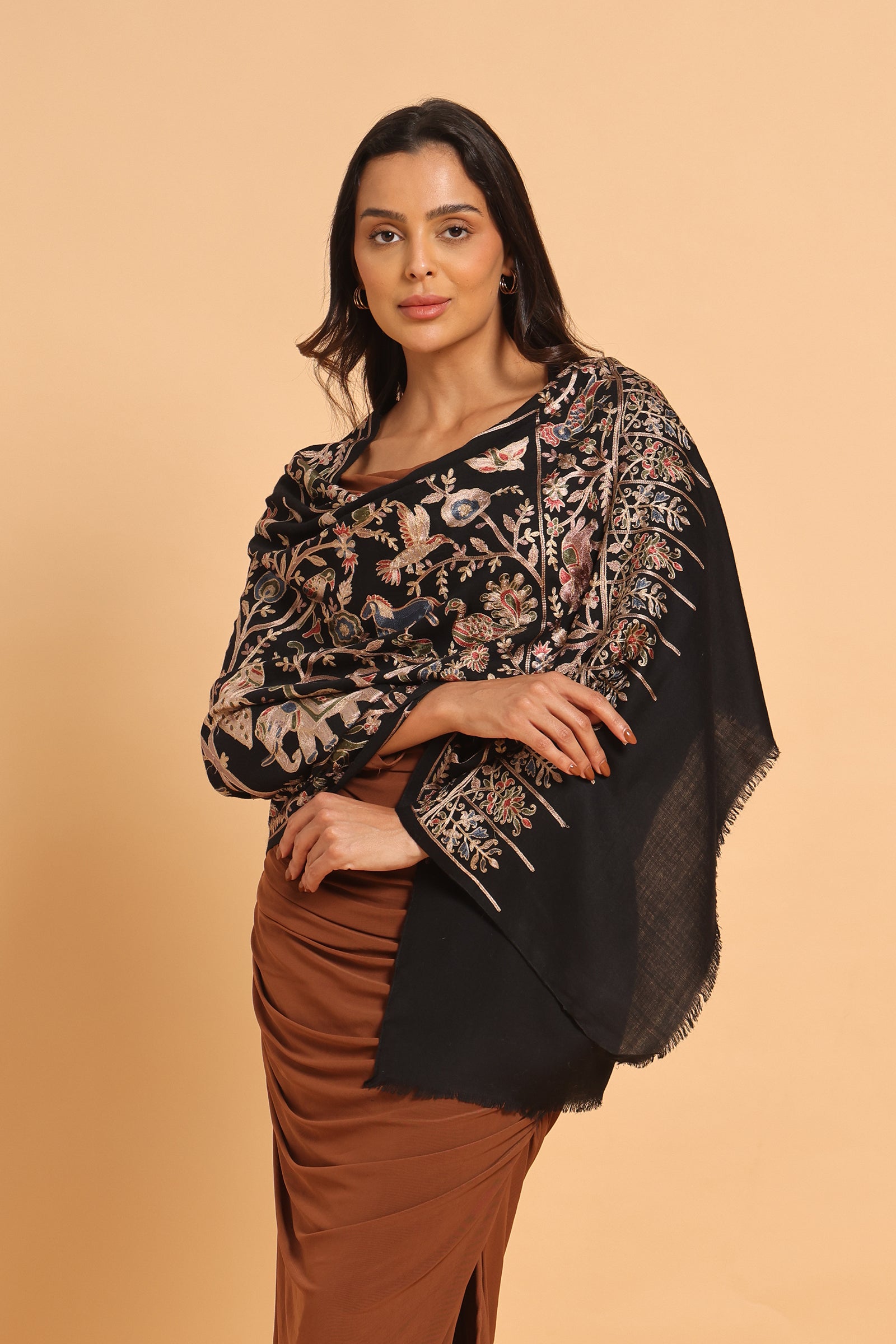 Classic Black Shikargah Fine Wool Pashmina Kashmiri Stole