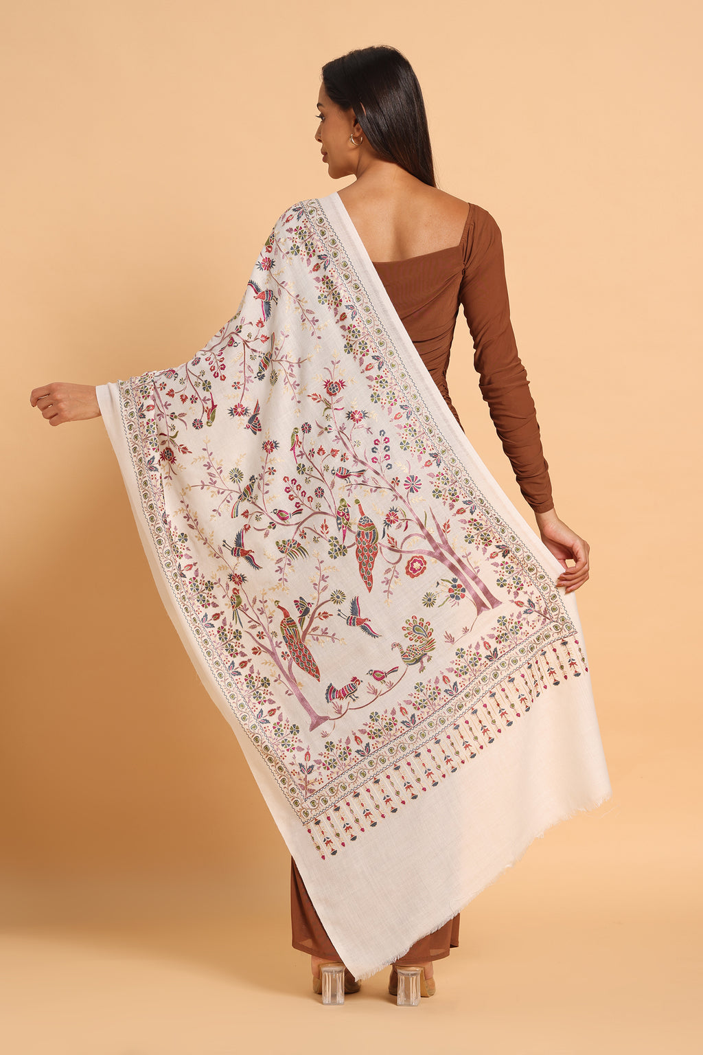 Classic White Shikargah Fine Wool Pashmina Kashmiri Stole