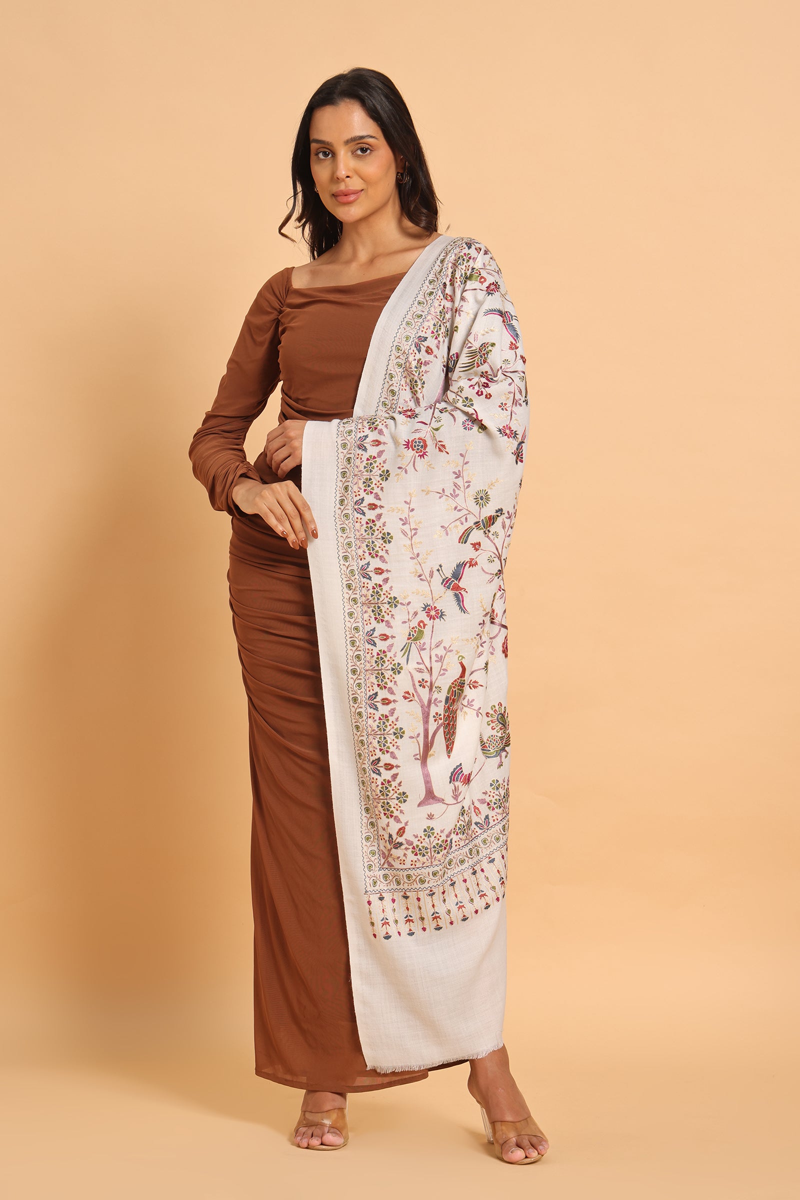 Classic White Shikargah Fine Wool Pashmina Kashmiri Stole