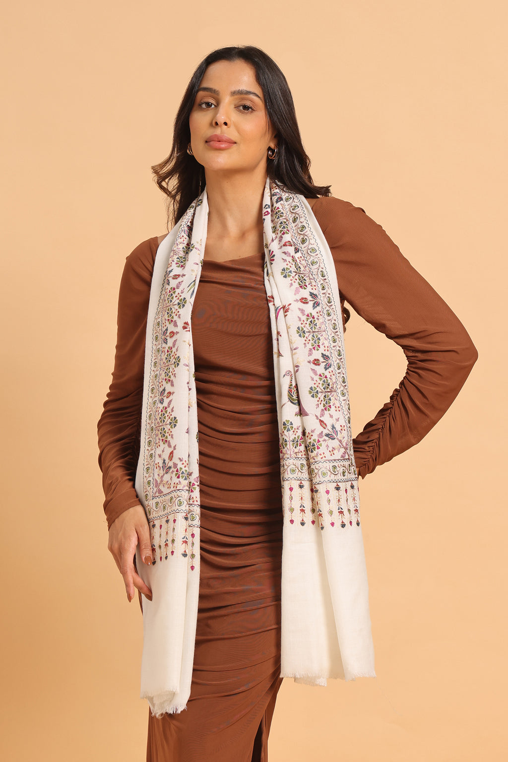 Classic White Shikargah Fine Wool Pashmina Kashmiri Stole