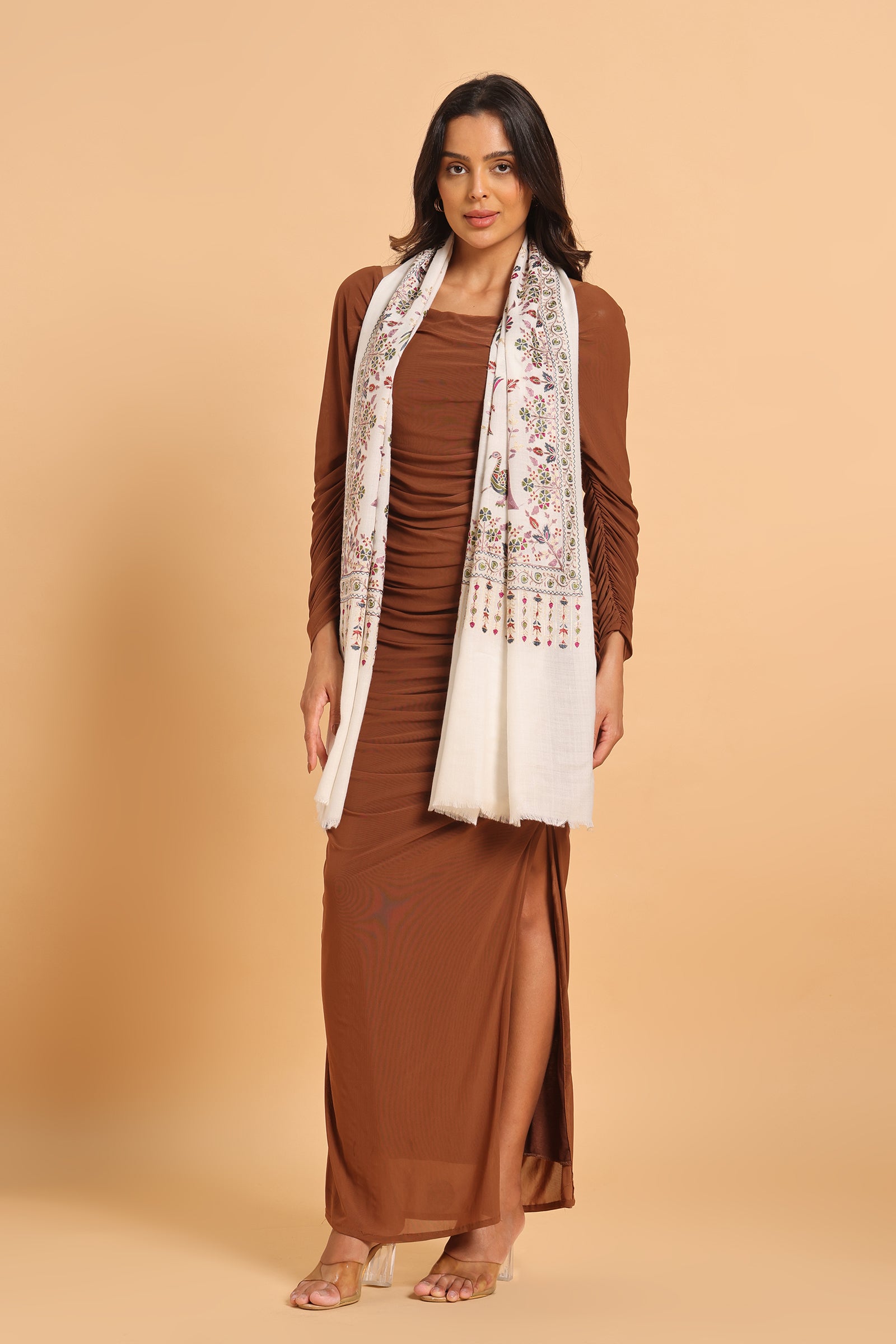 Classic White Shikargah Fine Wool Pashmina Kashmiri Stole