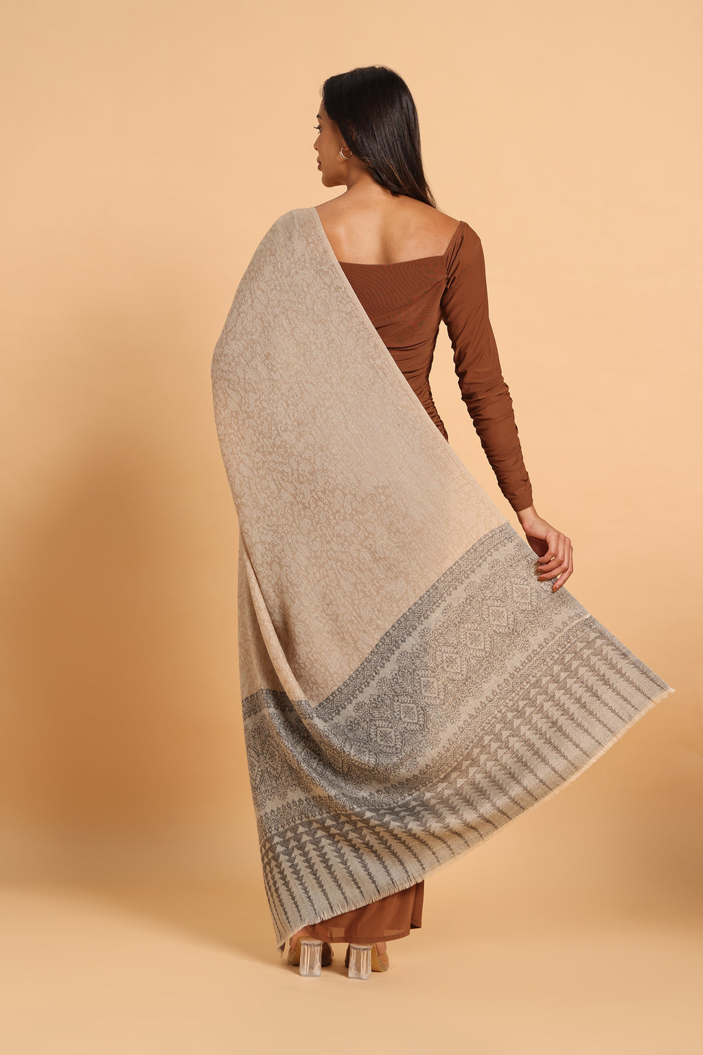 Classic Beige & Black Shikargah Fine Wool Pashmina Shawl