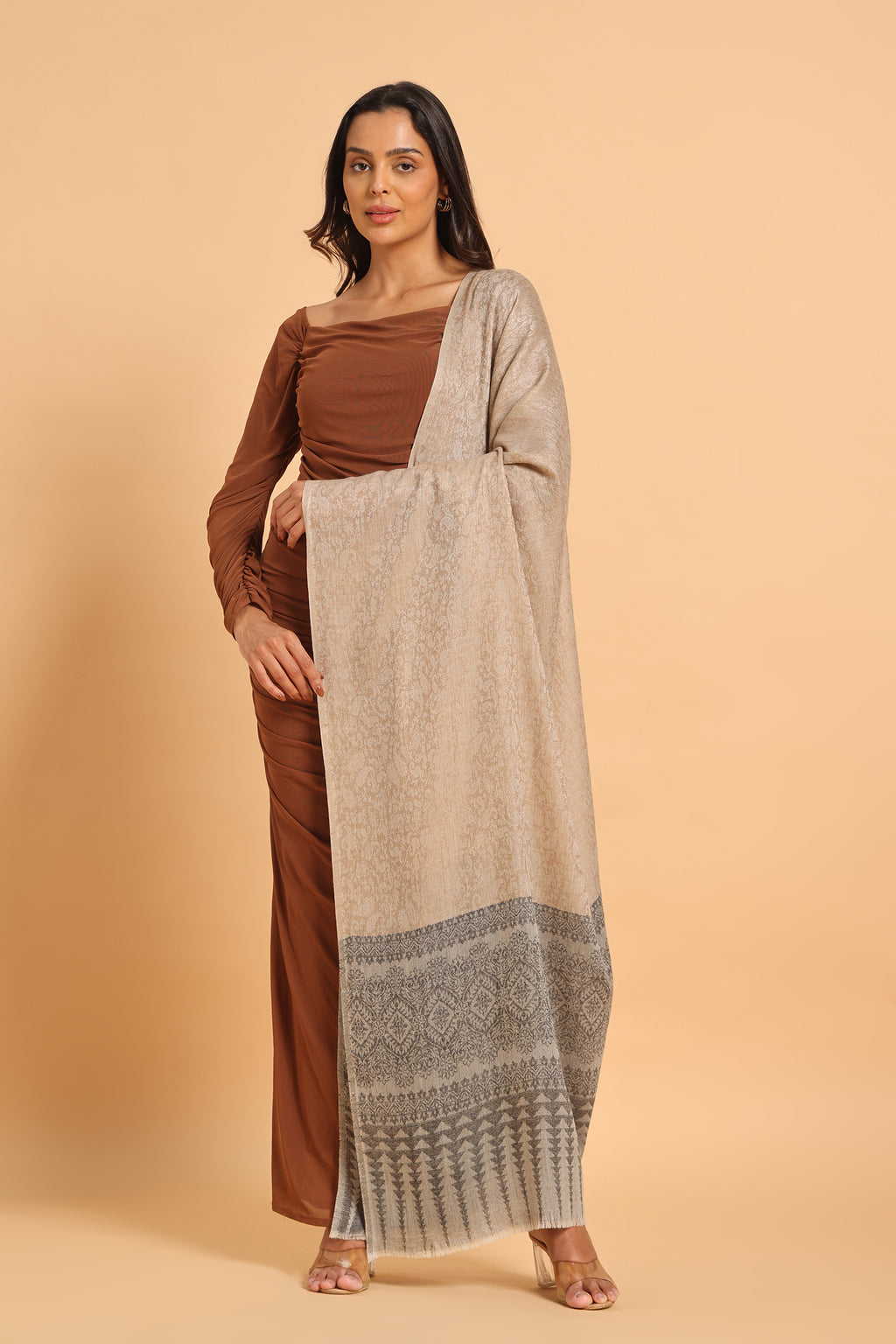 Classic Beige & Black Shikargah Fine Wool Pashmina Shawl