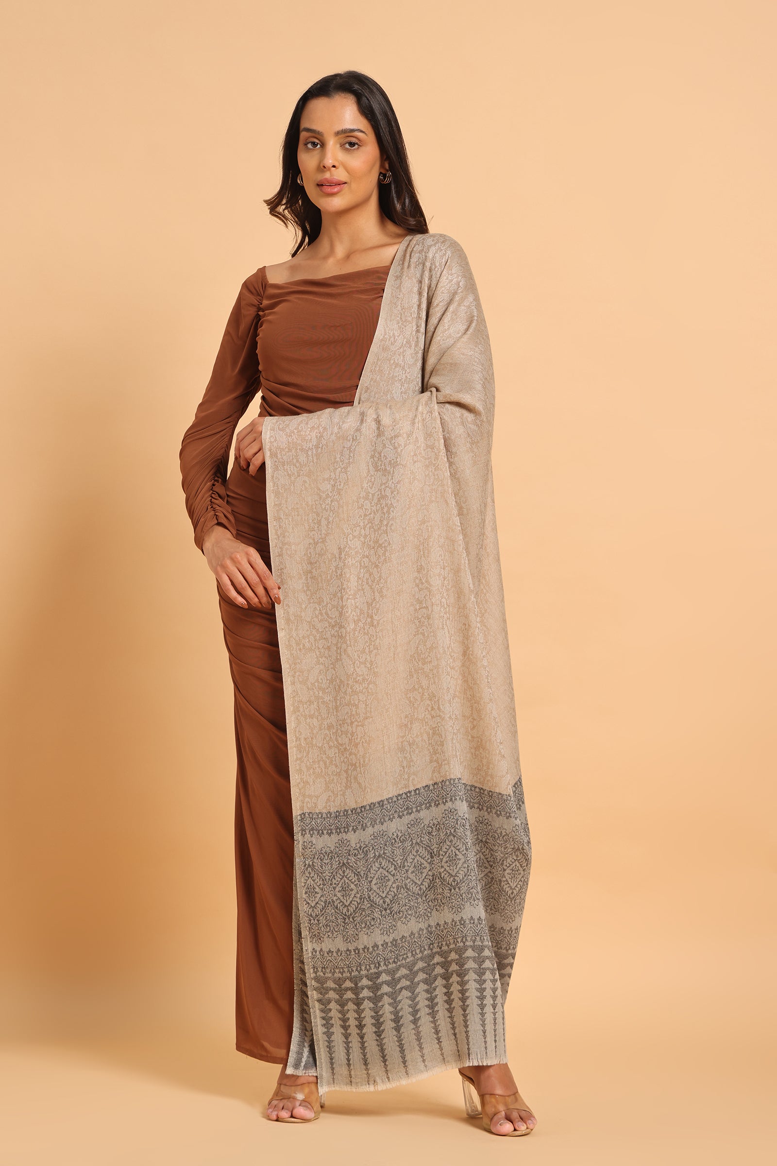 Classic Beige & Black Shikargah Fine Wool Pashmina Shawl