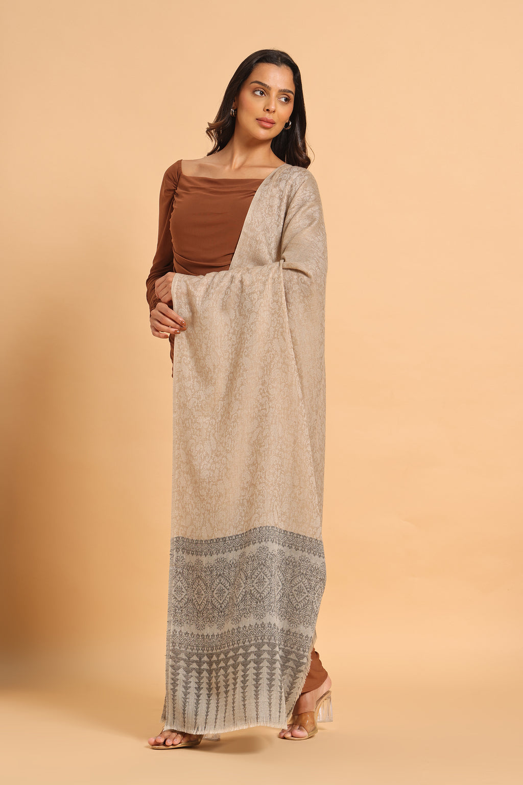 Classic Beige & Black Shikargah Fine Wool Pashmina Shawl