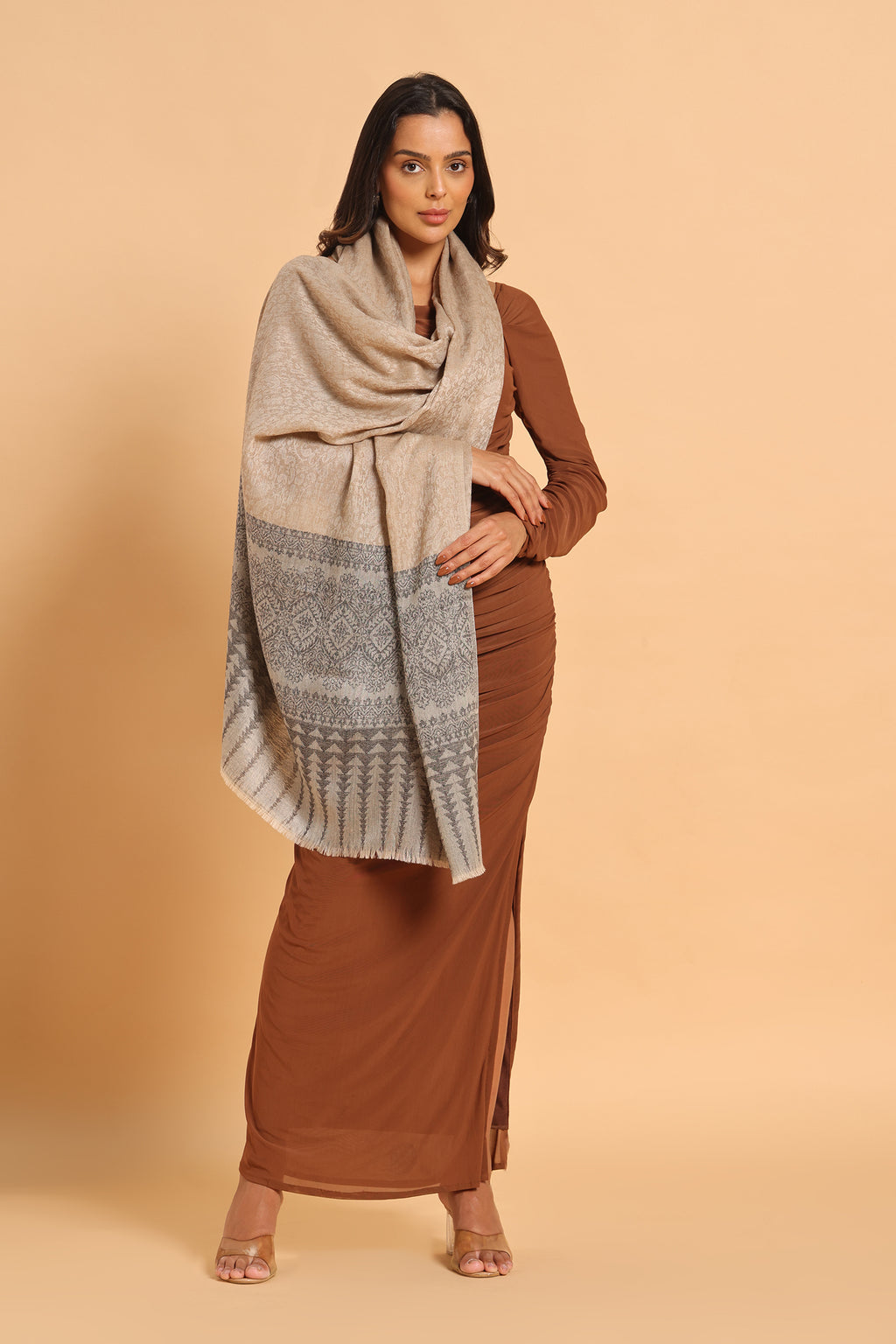 Classic Beige & Black Shikargah Fine Wool Pashmina Shawl