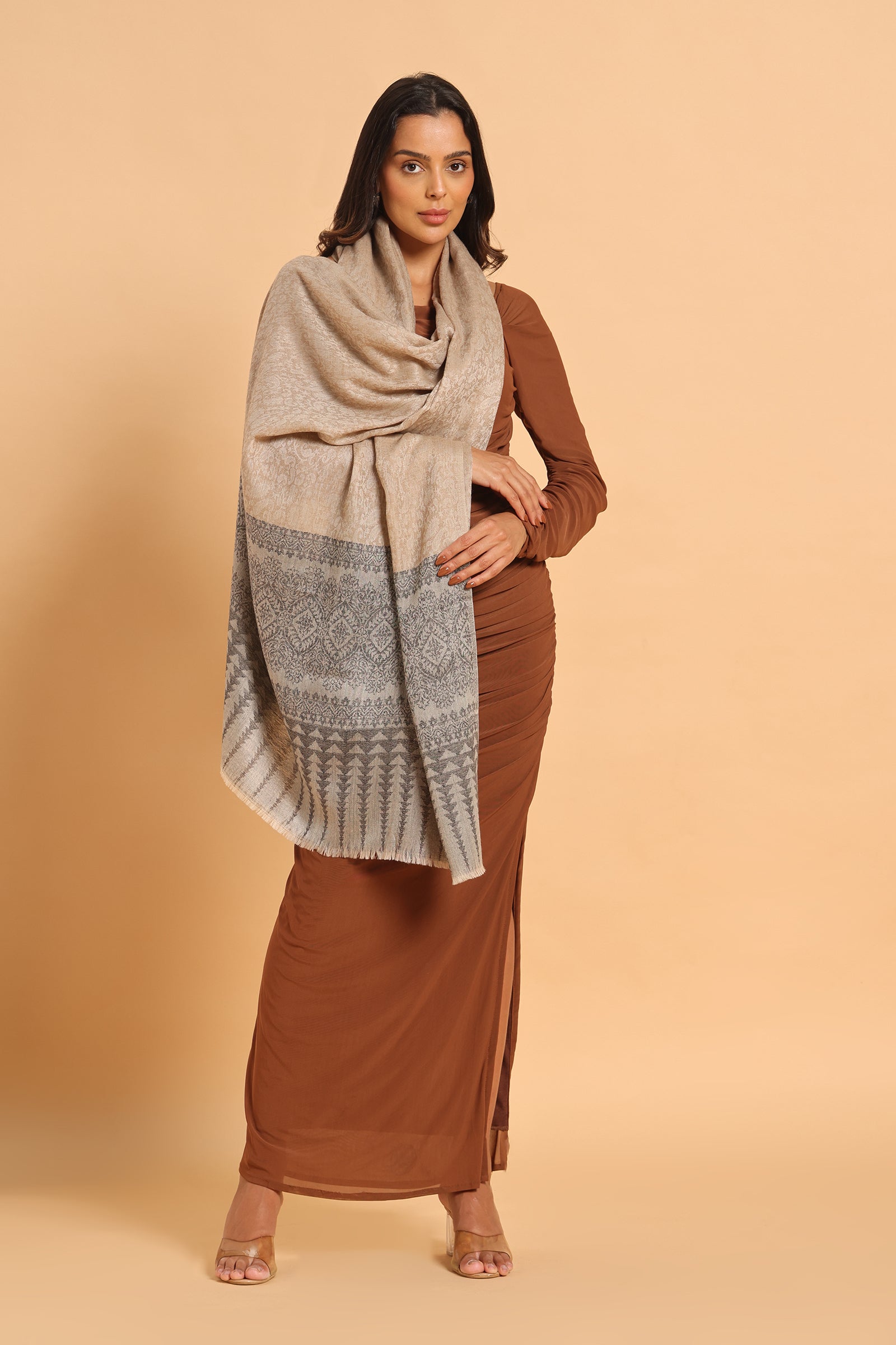 Classic Beige & Black Shikargah Fine Wool Pashmina Shawl