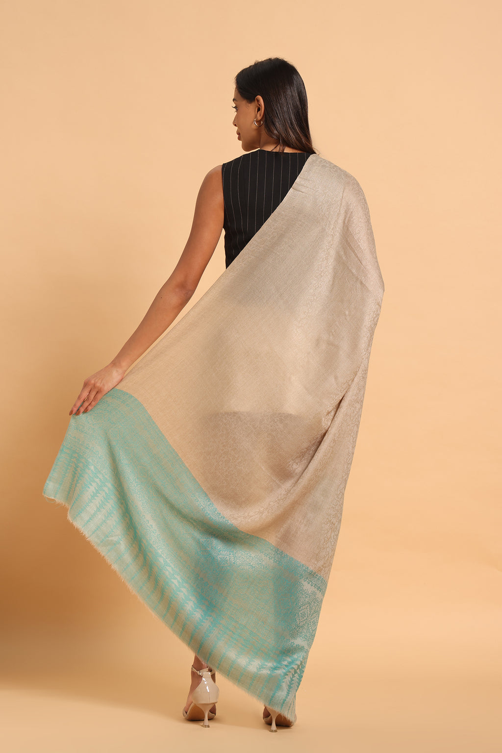 Beige Fine Wool Pashmina Shawl with Turquoise Border