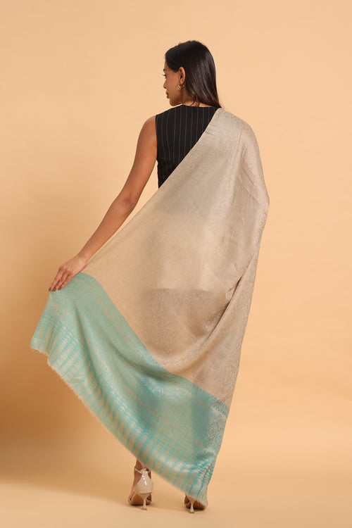 Beige Fine Wool Pashmina Shawl with Turquoise Border