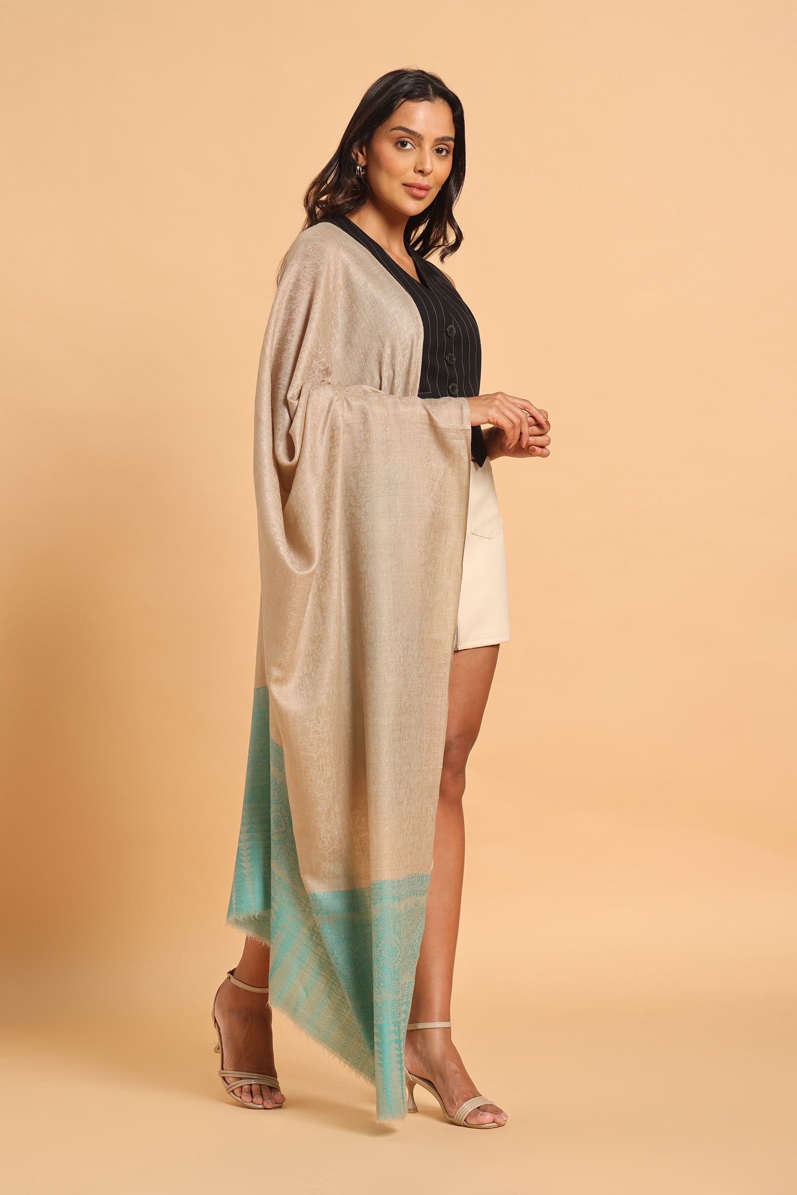 Beige Fine Wool Pashmina Shawl with Turquoise Border