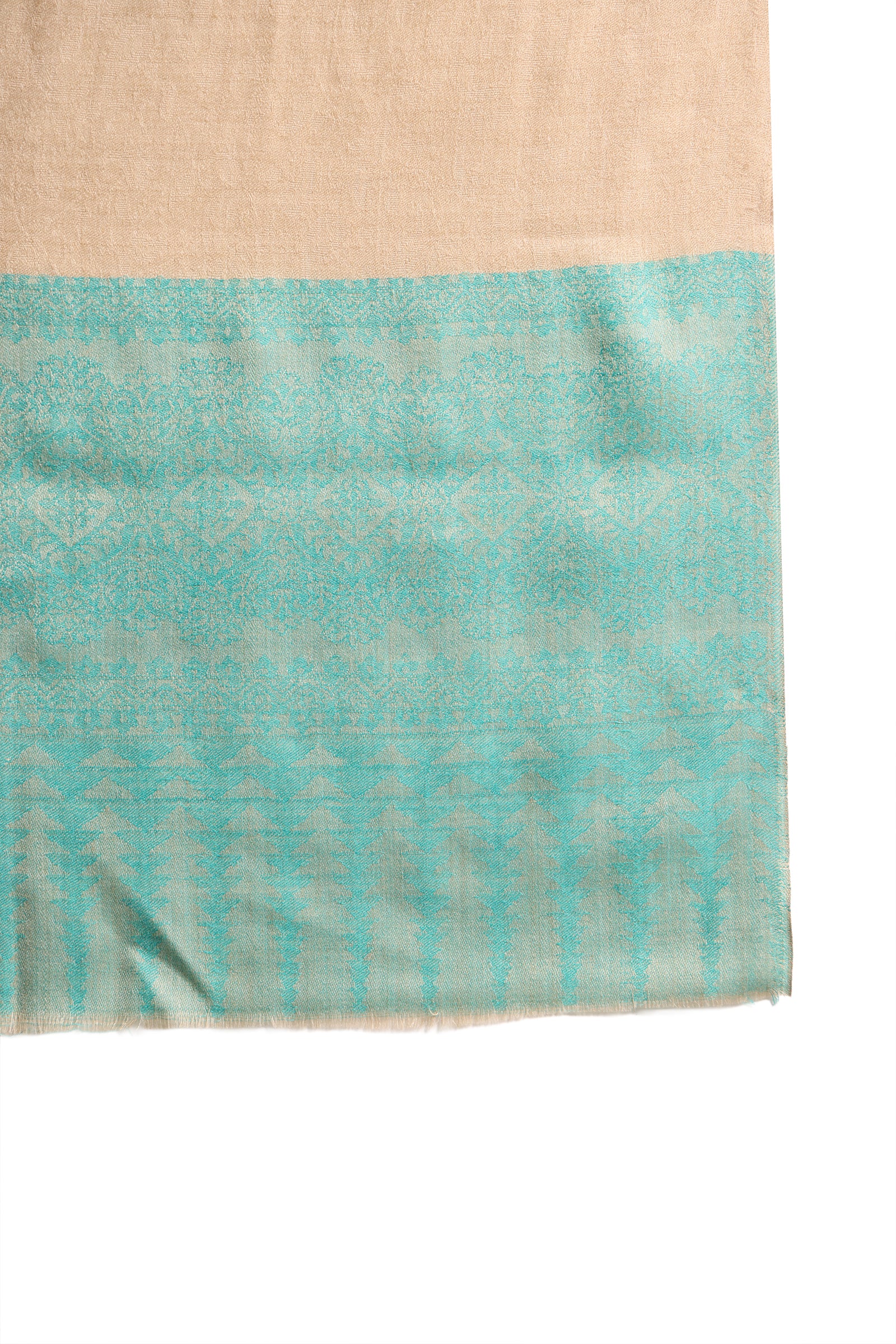 Beige Fine Wool Pashmina Shawl with Turquoise Border