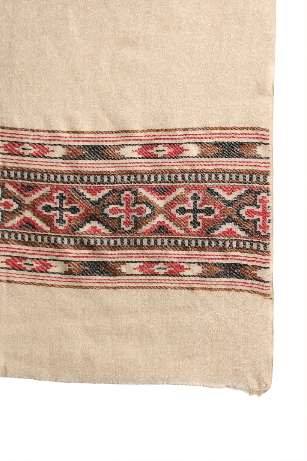 Ivory Fine Wool Pashmina Shawl with Traditional Border