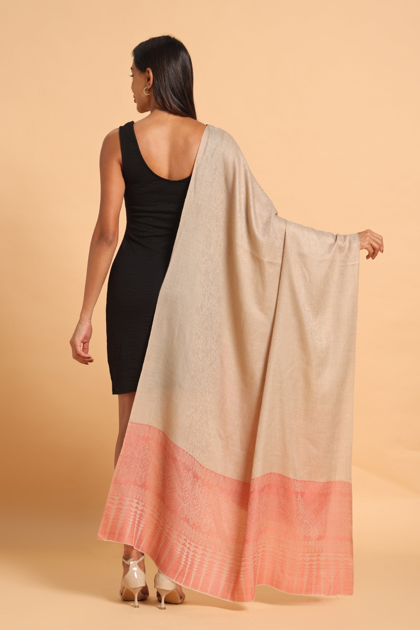 Classic Beige & Blush Pink Fine Wool Pashmina Shawl