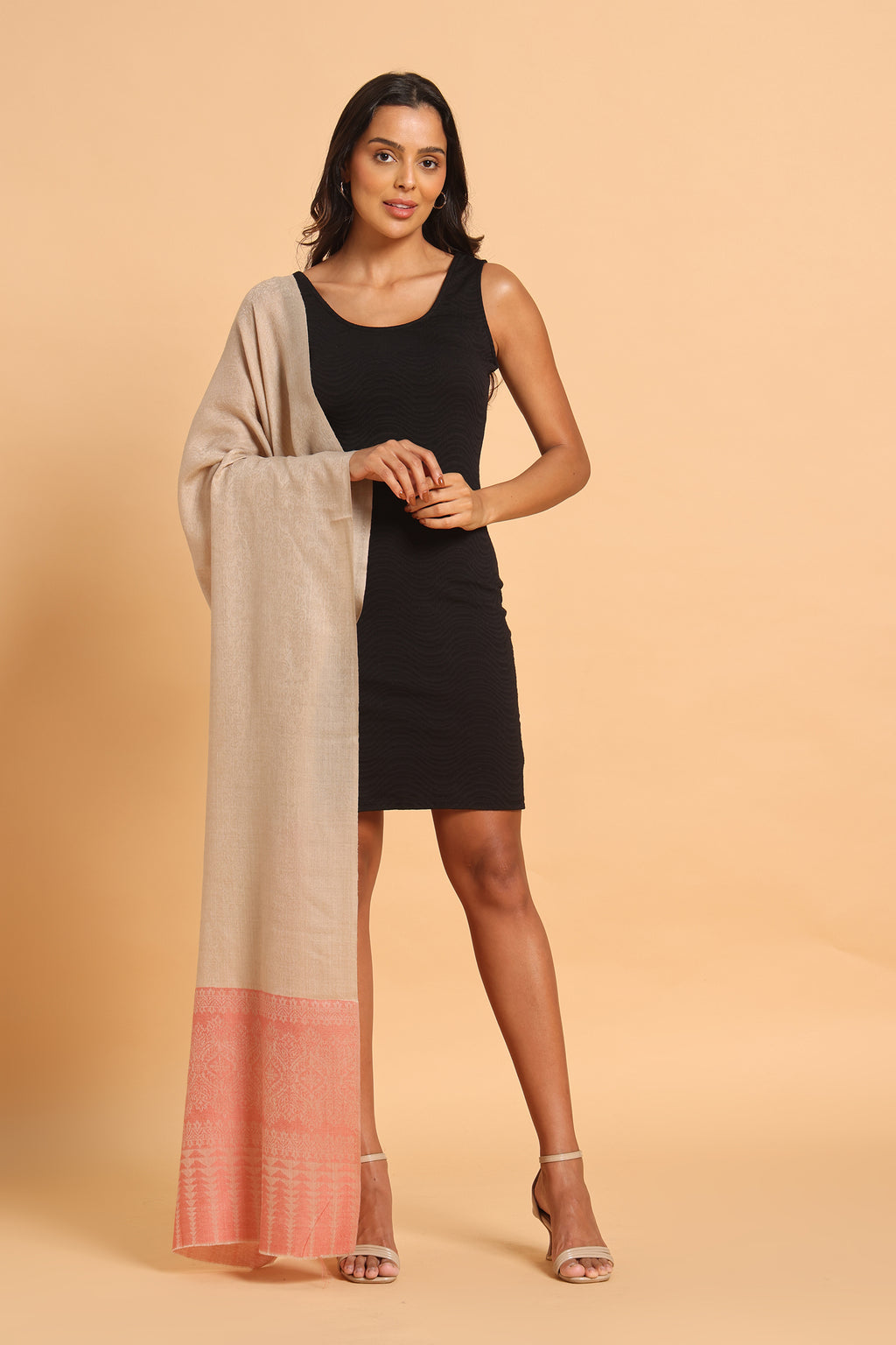 Classic Beige & Blush Pink Fine Wool Pashmina Shawl