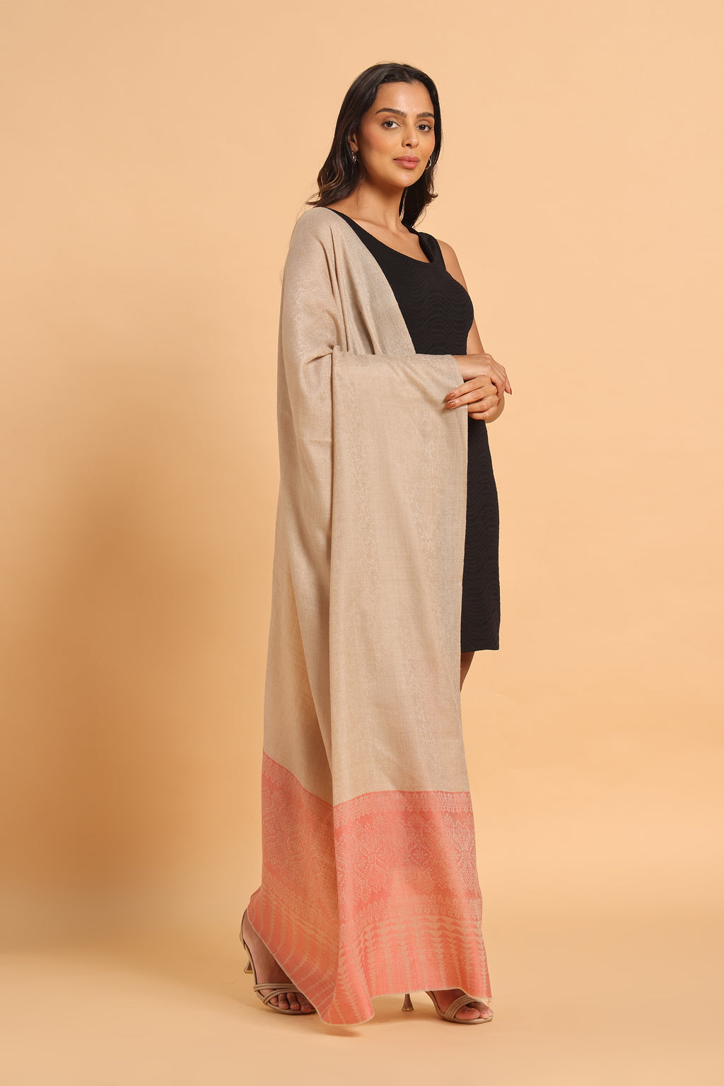 Classic Beige & Blush Pink Fine Wool Pashmina Shawl