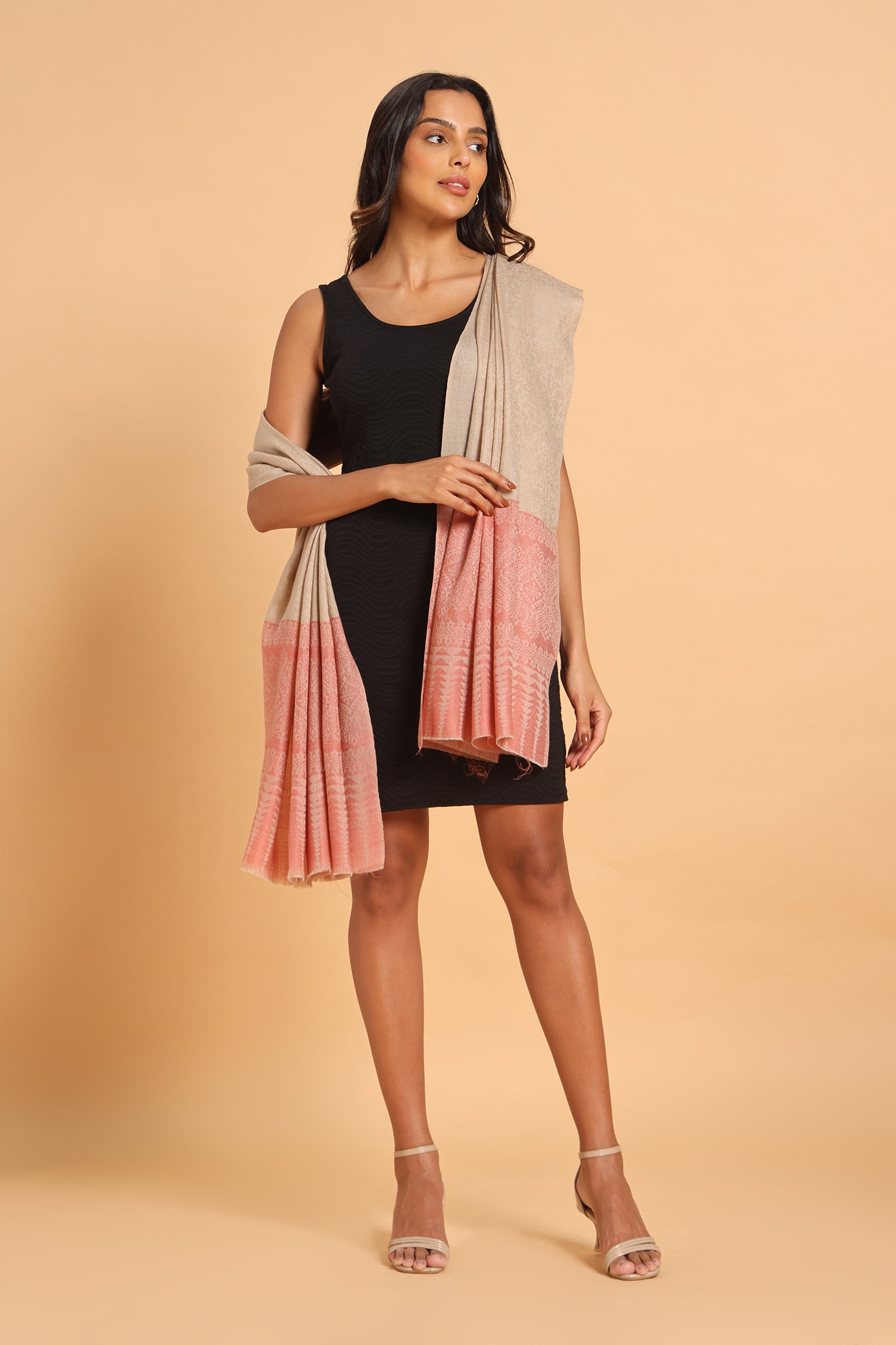 Classic Beige & Blush Pink Fine Wool Pashmina Shawl