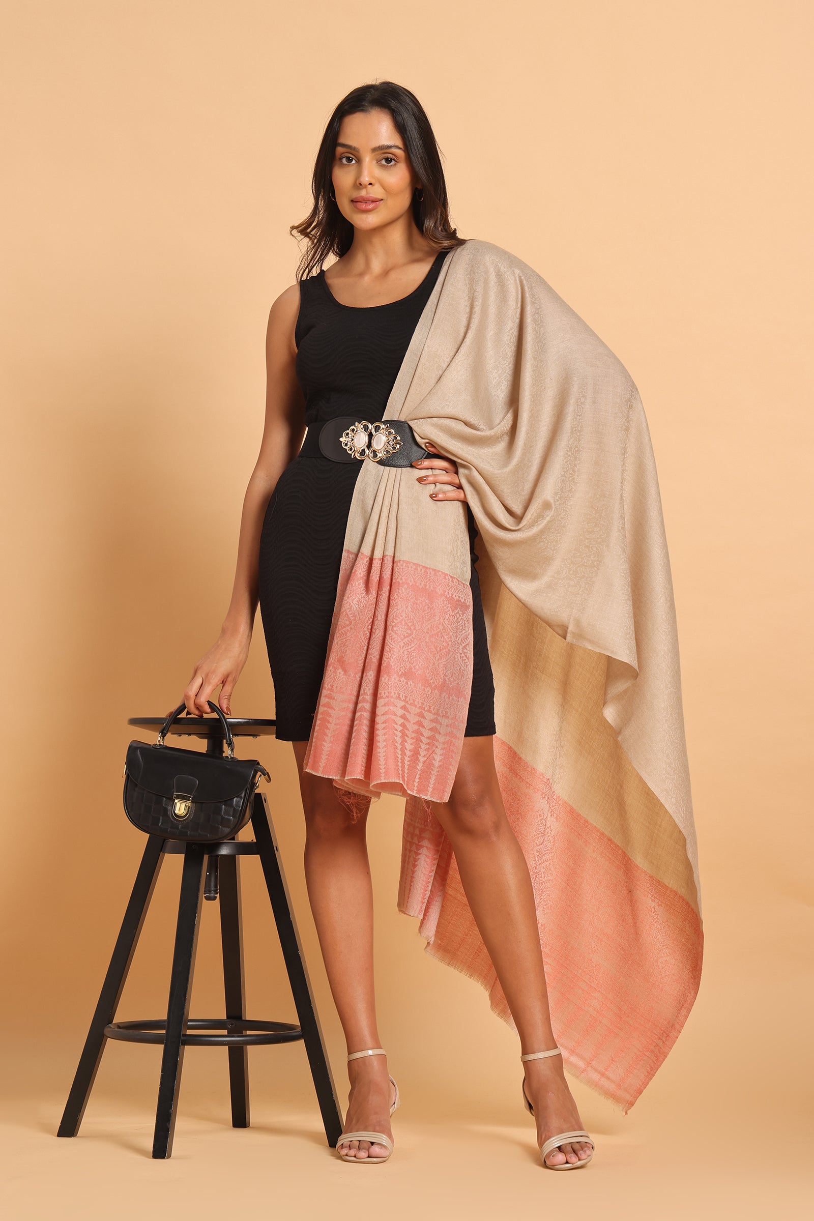 Classic Beige & Blush Pink Fine Wool Pashmina Shawl