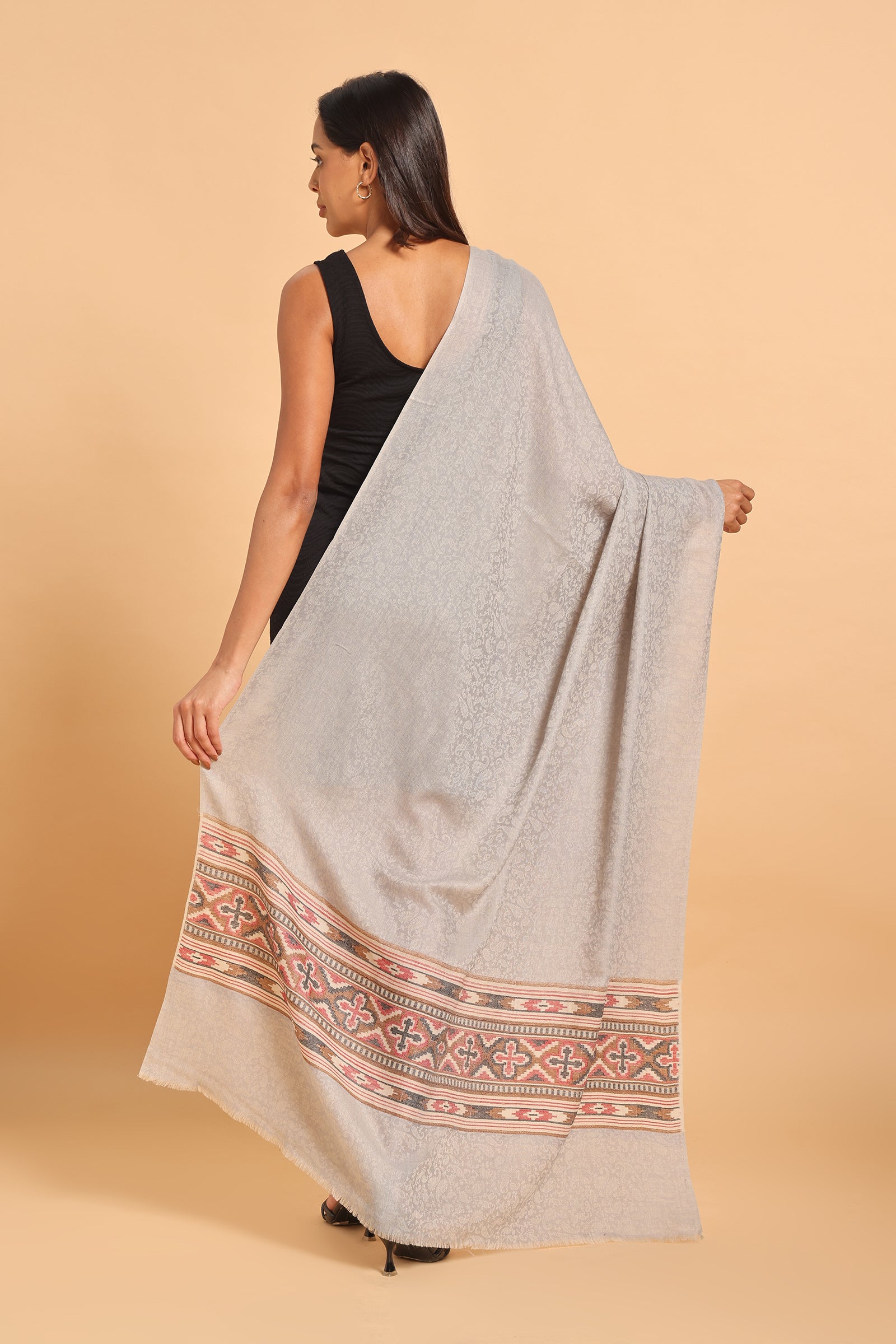 Grey Fine Wool Pashmina Shawl with Traditional Border