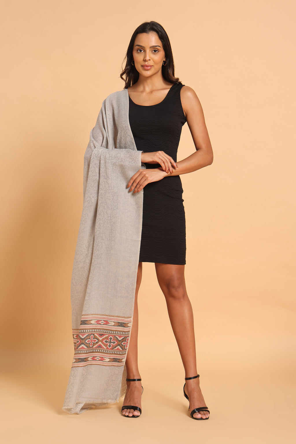 Grey Fine Wool Pashmina Shawl with Traditional Border