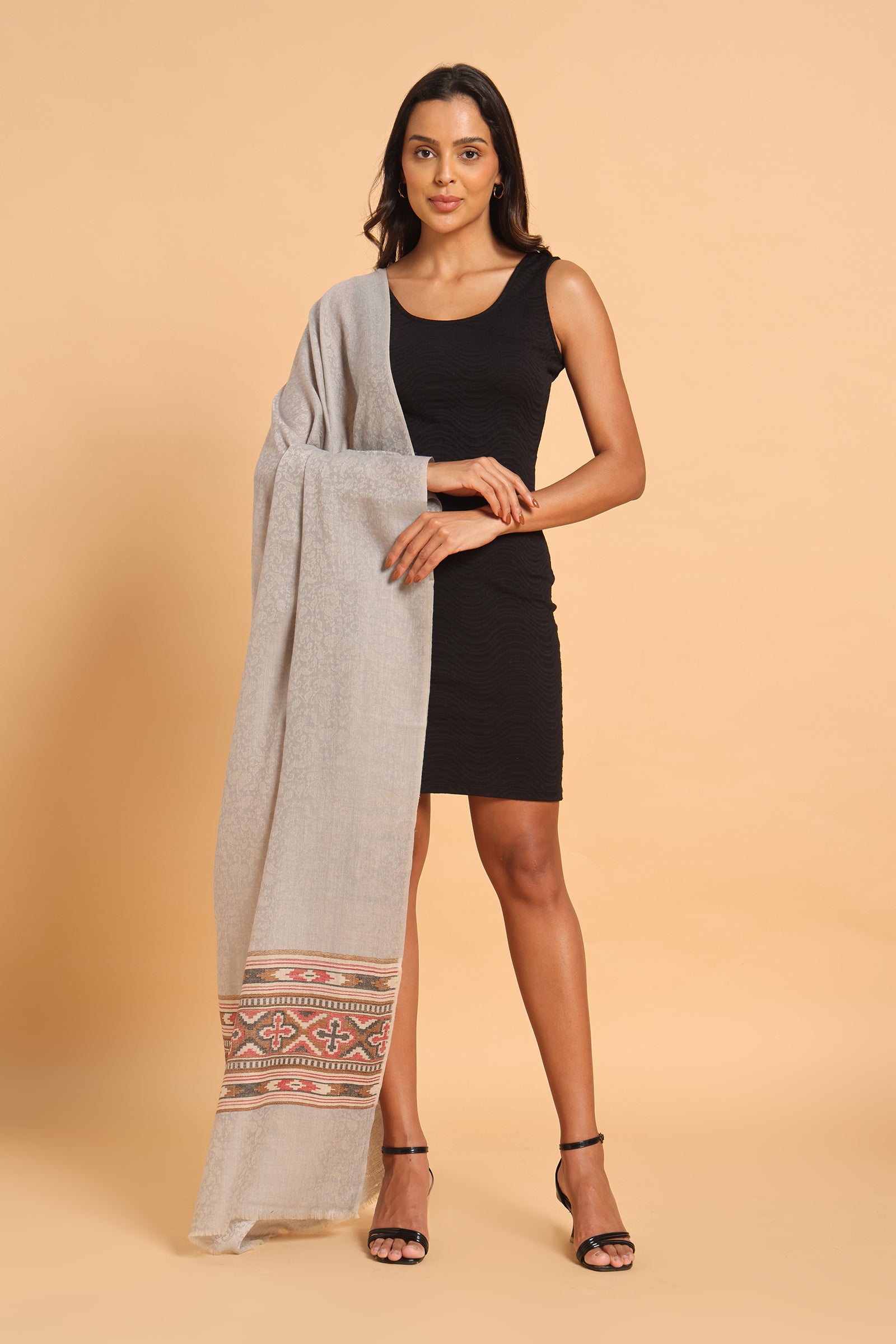 Grey Fine Wool Pashmina Shawl with Traditional Border