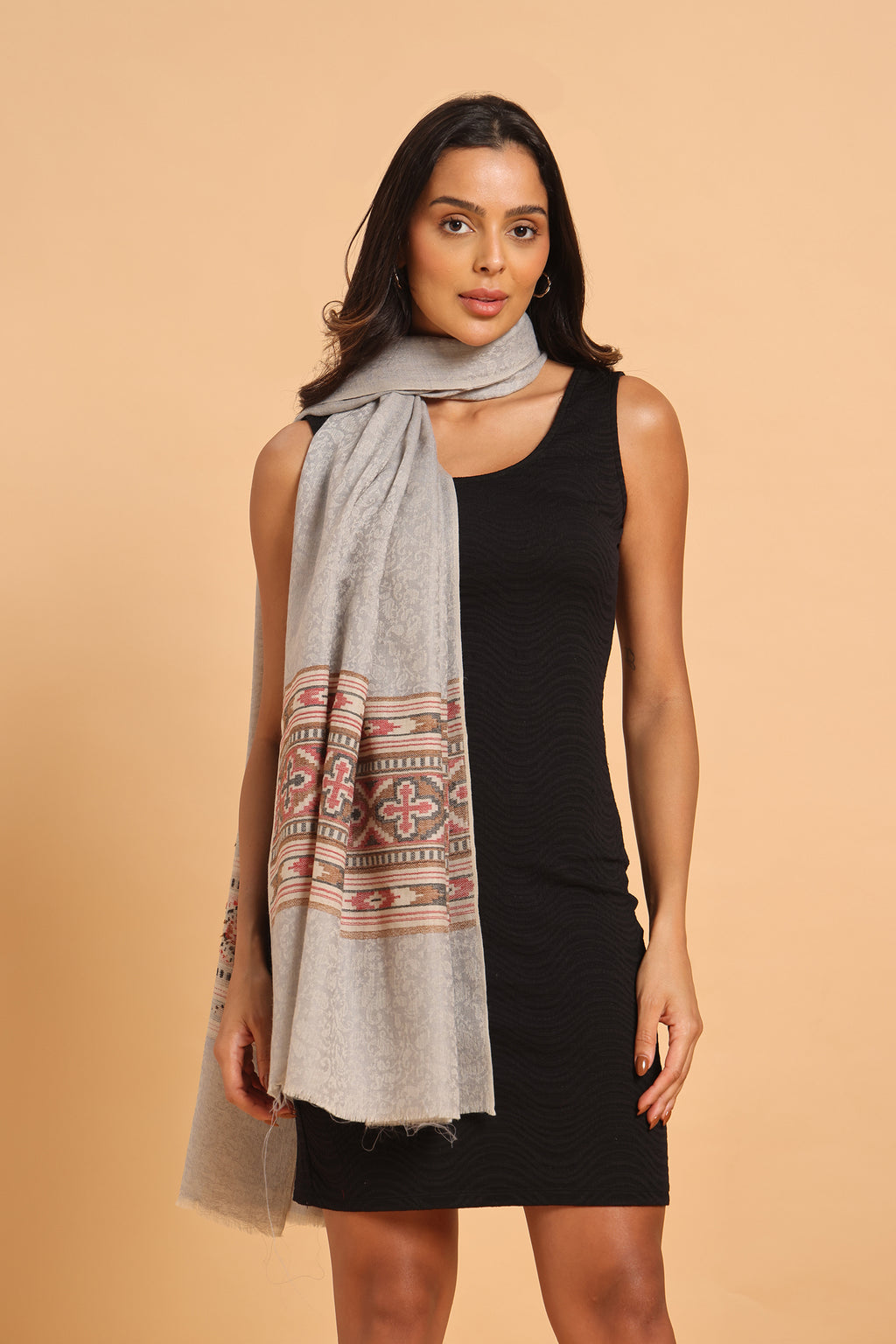 Grey Fine Wool Pashmina Shawl with Traditional Border