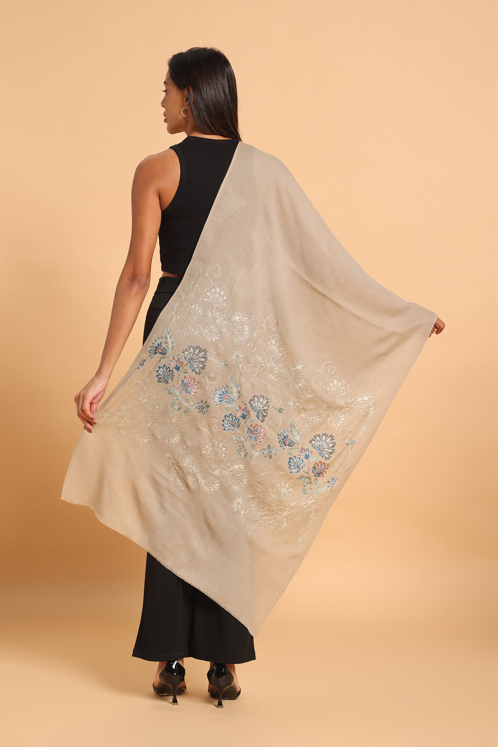 Classic Beige Kashmiri Aari Heritage Pure Wool Stole