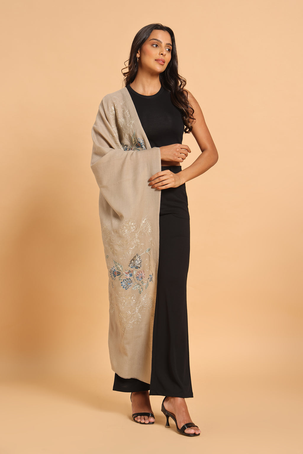 Classic Beige Kashmiri Aari Heritage Pure Wool Stole