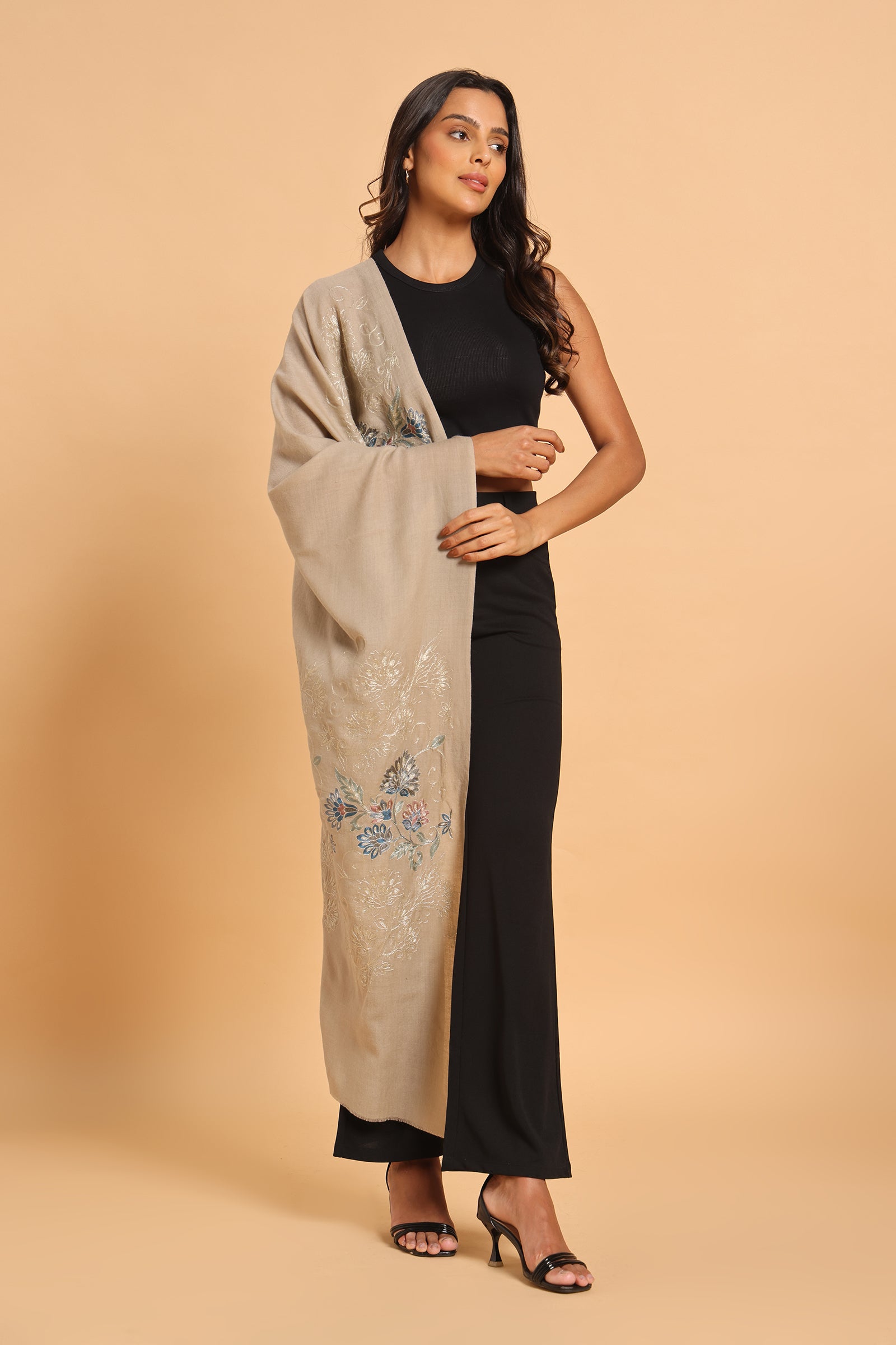 Classic Beige Kashmiri Aari Heritage Pure Wool Stole