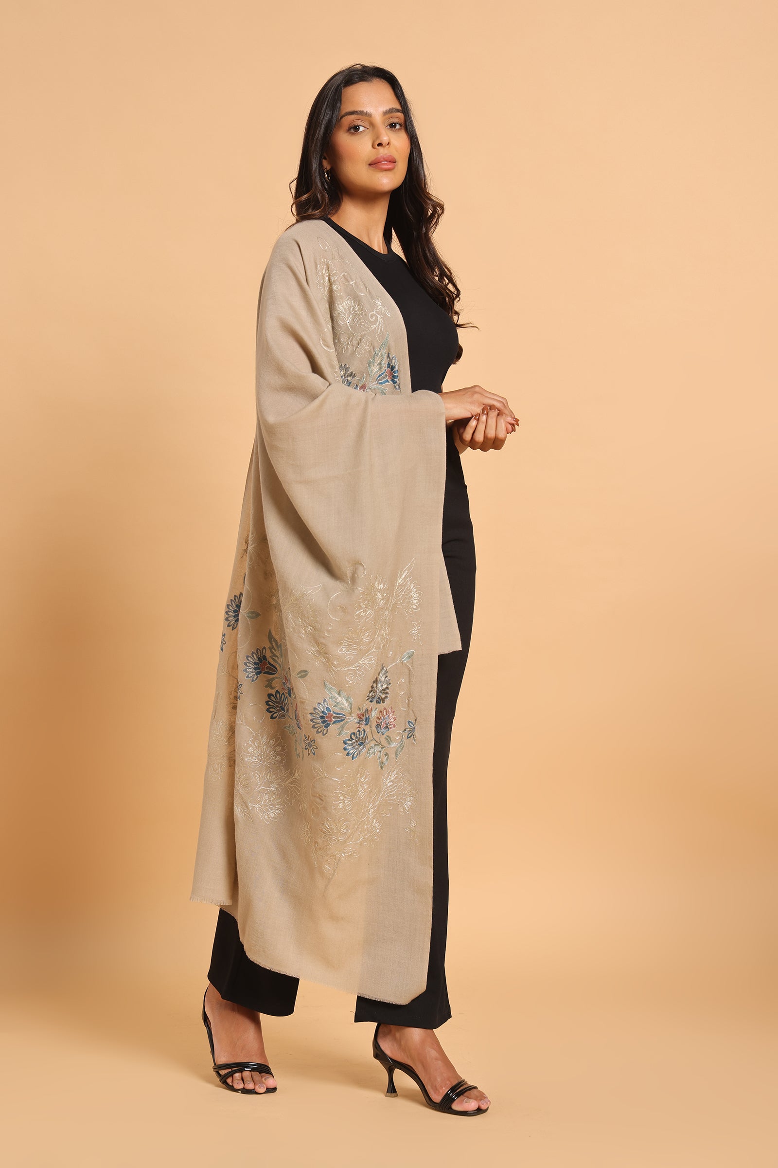 Classic Beige Kashmiri Aari Heritage Pure Wool Stole