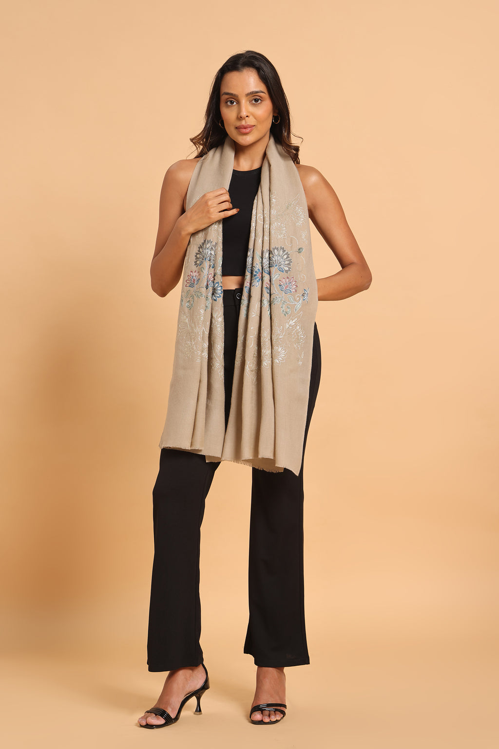 Classic Beige Kashmiri Aari Heritage Pure Wool Stole