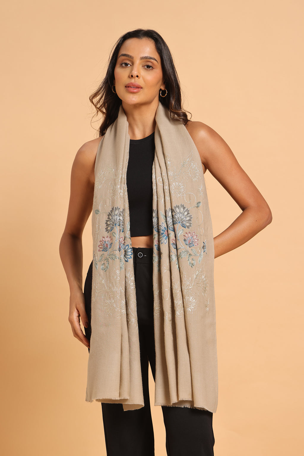 Classic Beige Kashmiri Aari Heritage Pure Wool Stole
