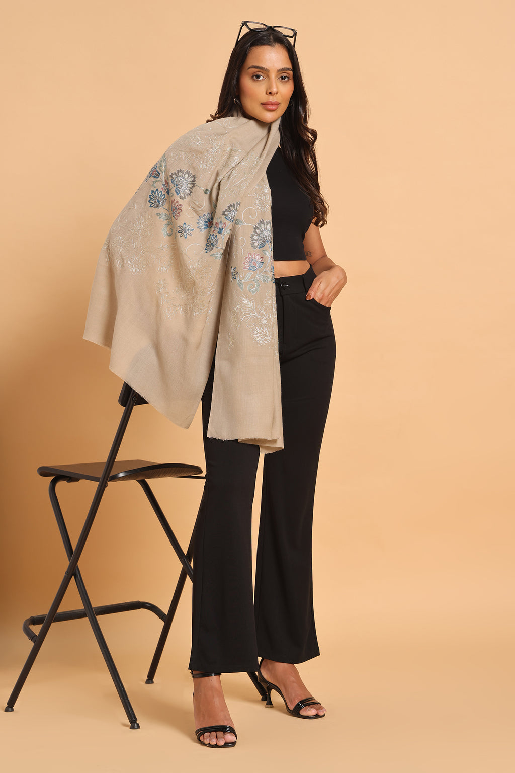Classic Beige Kashmiri Aari Heritage Pure Wool Stole