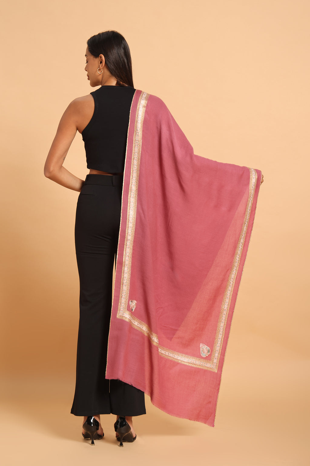 Rose Floral Border & Kunj Buta Pure Wool Kashmiri Stole