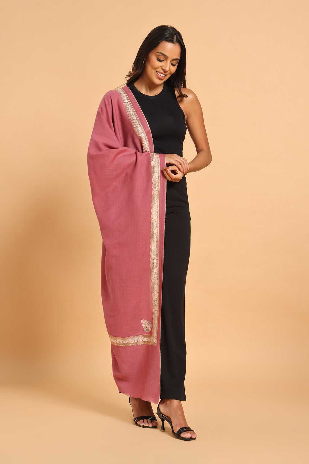 Rose Floral Border & Kunj Buta Pure Wool Kashmiri Stole