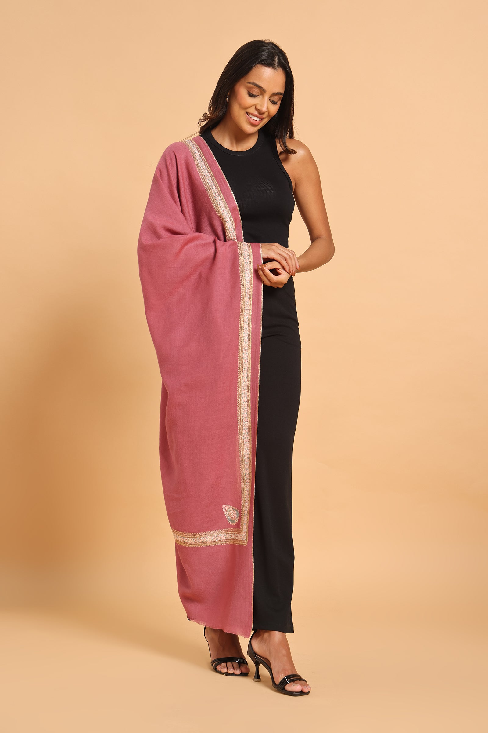 Rose Floral Border & Kunj Buta Pure Wool Kashmiri Stole