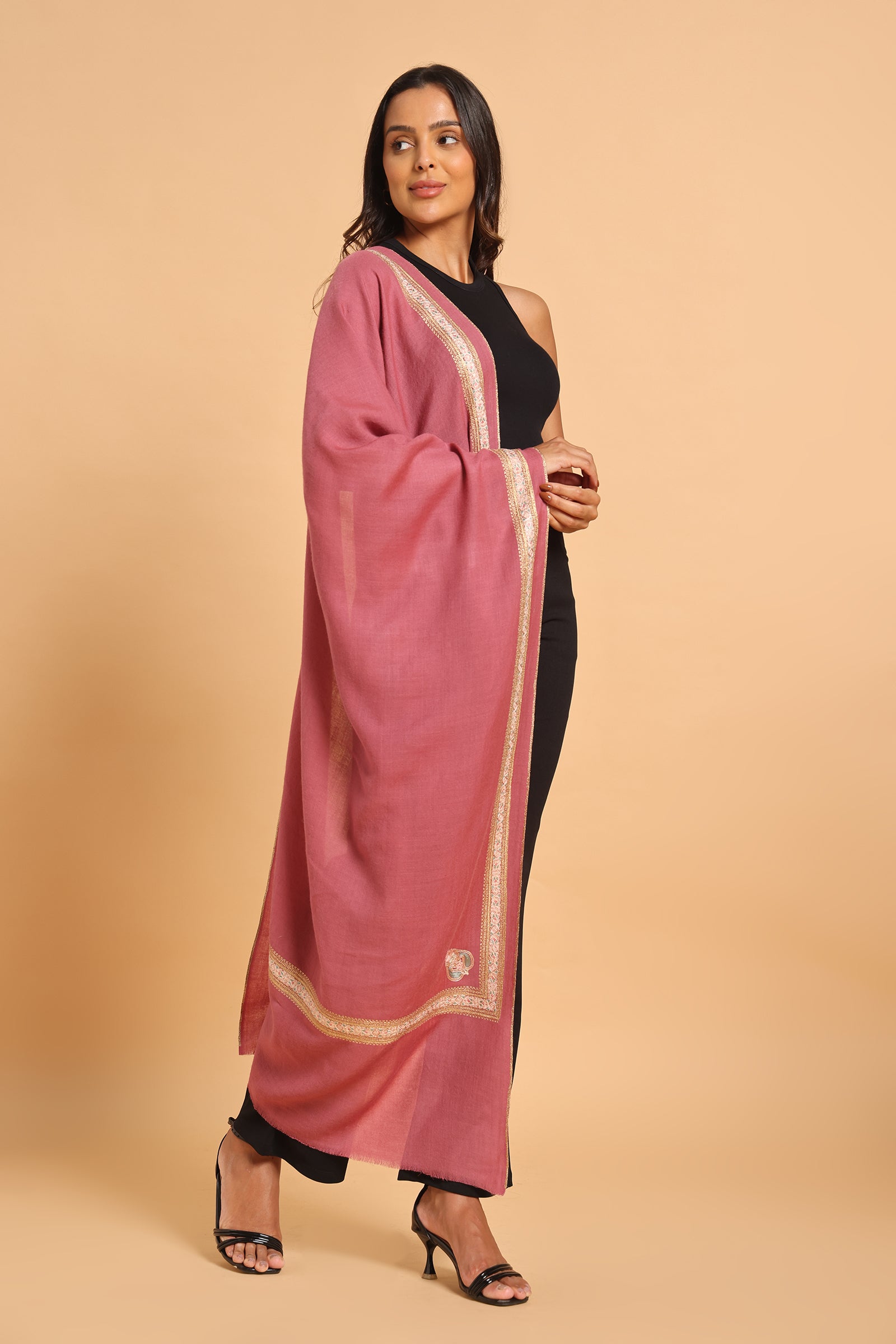Rose Floral Border & Kunj Buta Pure Wool Kashmiri Stole