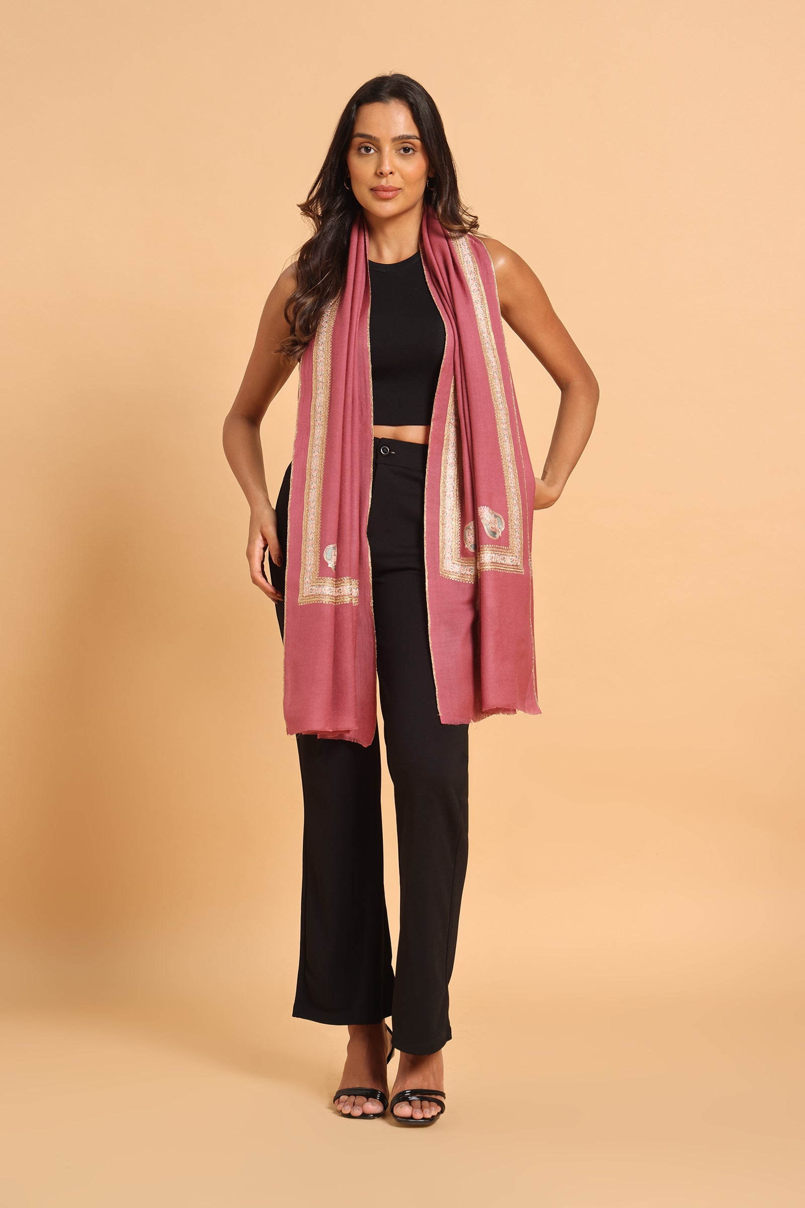 Rose Floral Border & Kunj Buta Pure Wool Kashmiri Stole
