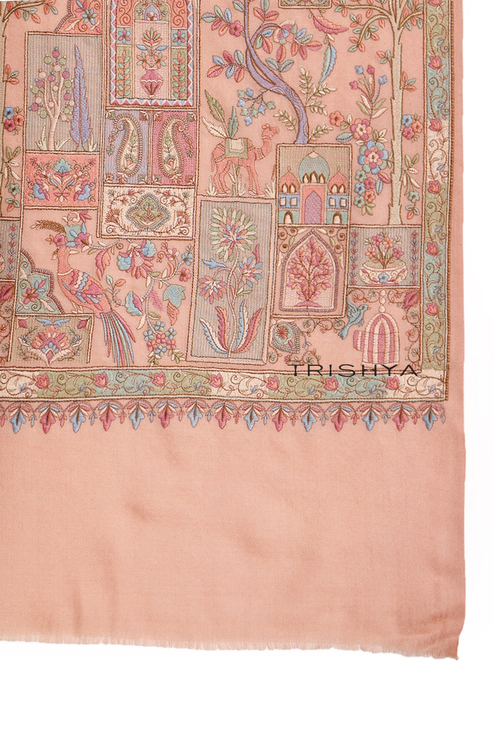 Traditional Elephant Motif Embroidered Shawl in Light Pink