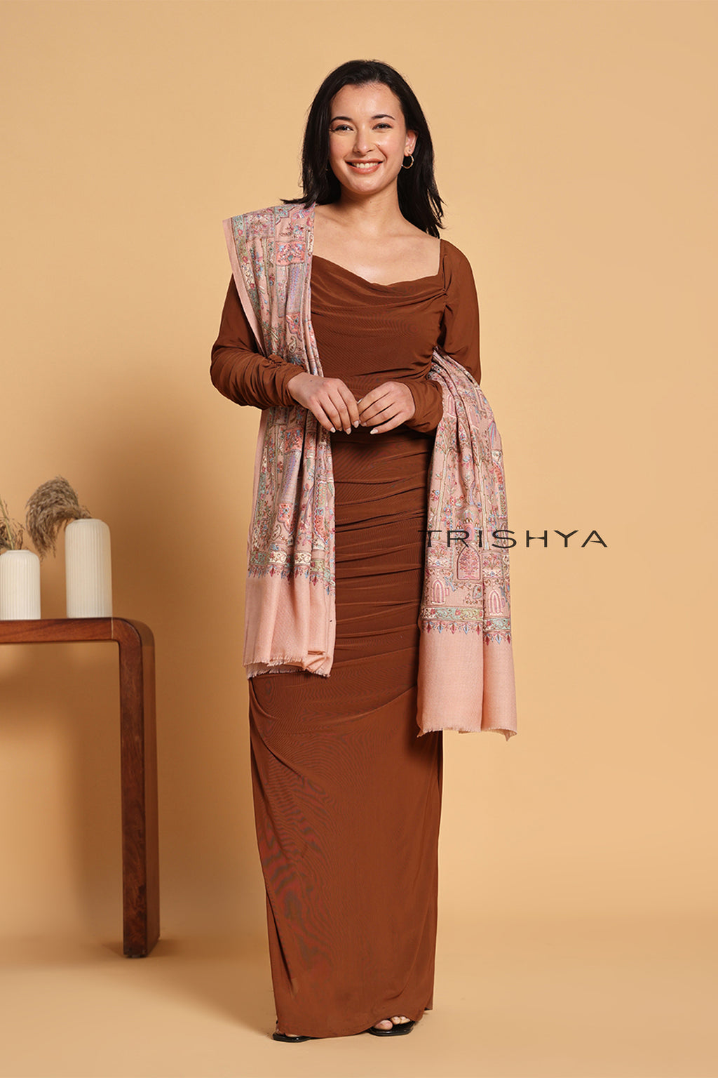 Traditional Elephant Motif Embroidered Shawl in Light Pink