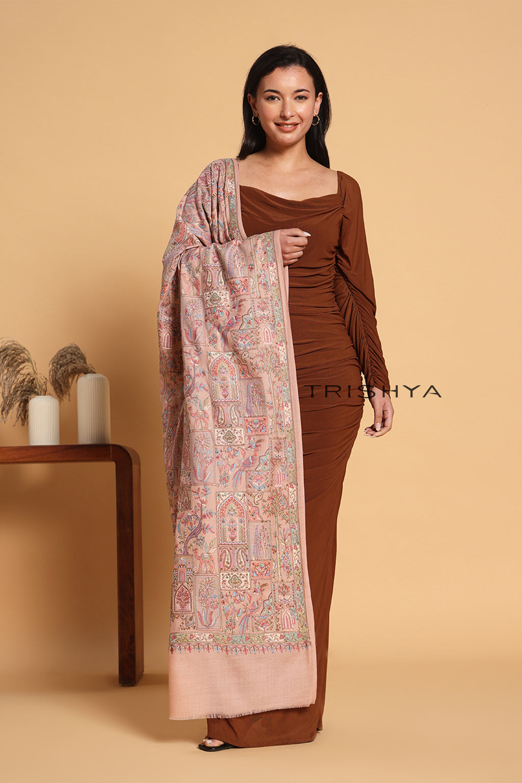 Traditional Elephant Motif Embroidered Shawl in Light Pink