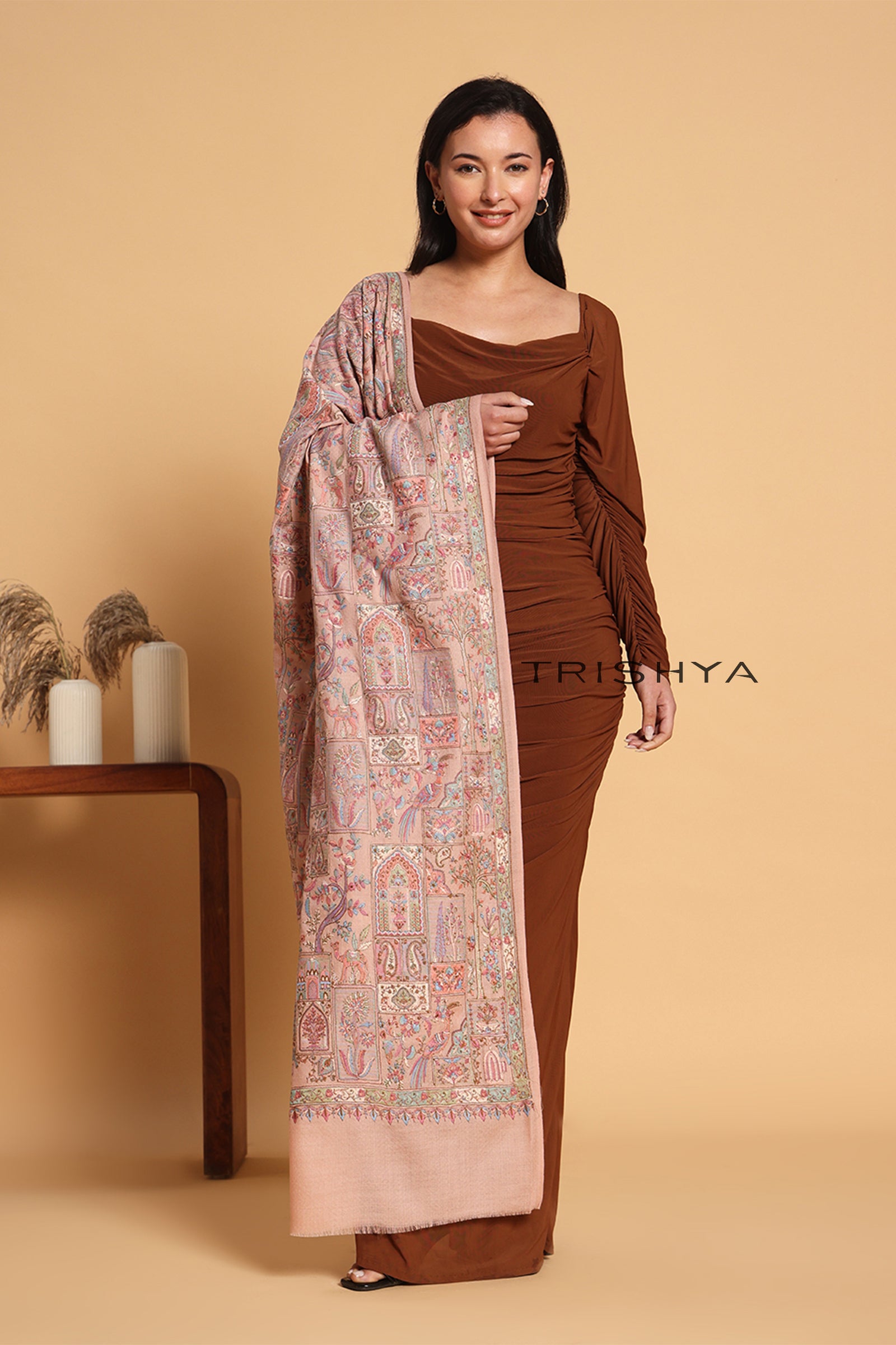 Traditional Elephant Motif Embroidered Shawl in Light Pink