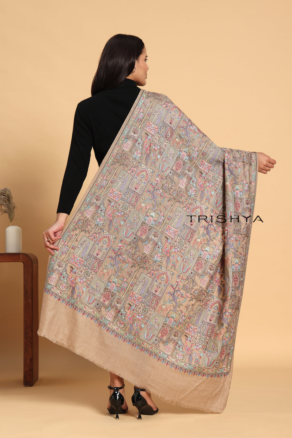 Traditional Motif Embroidered Shawl in Beige