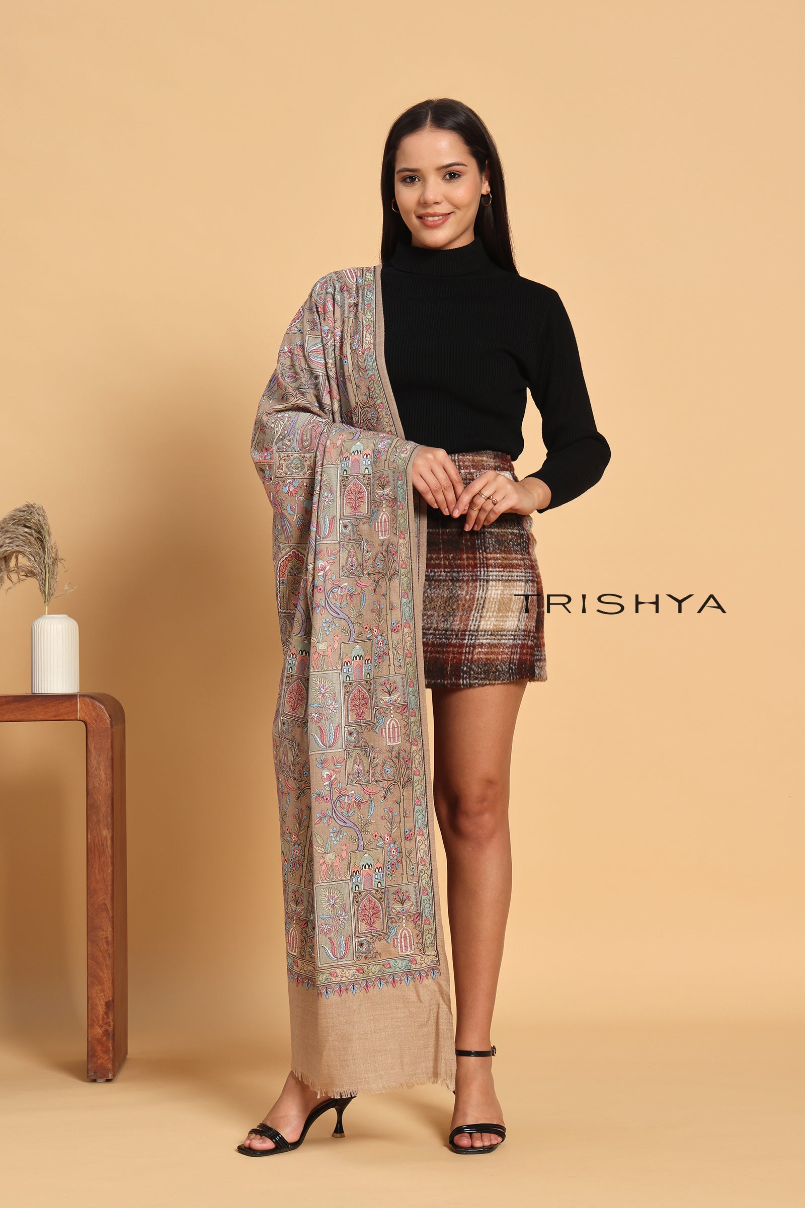 Traditional Motif Embroidered Shawl in Beige