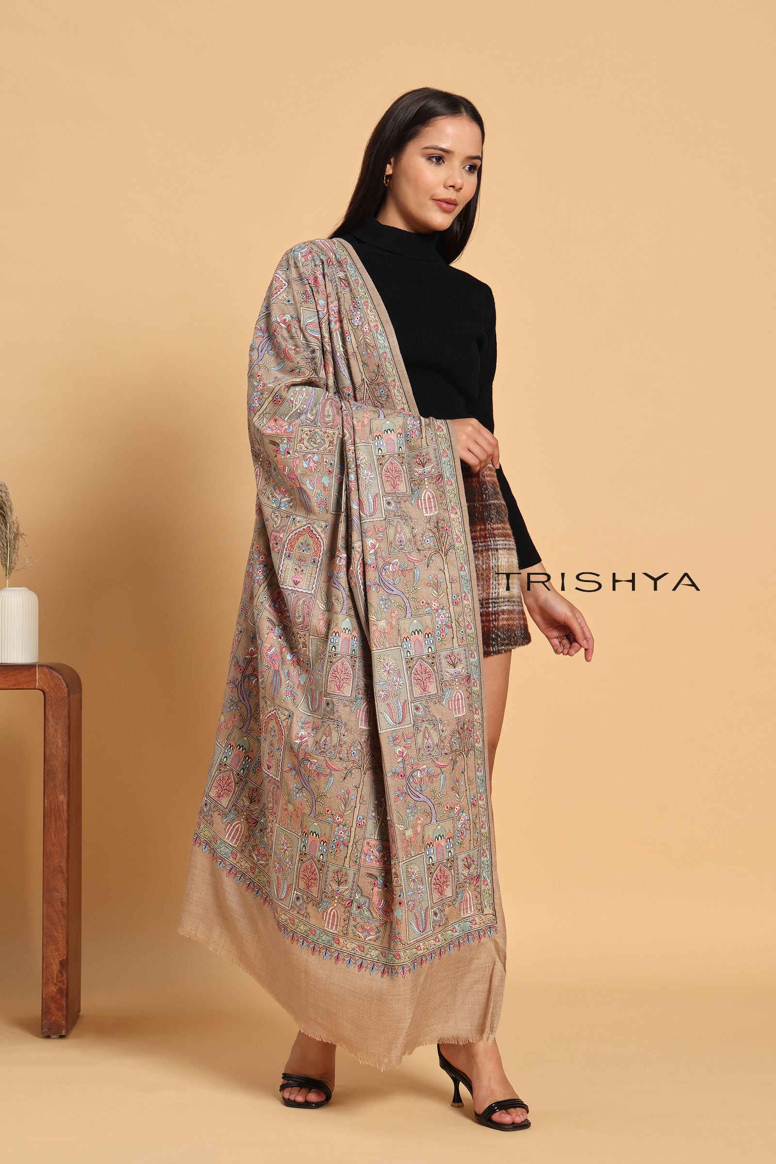 Traditional Motif Embroidered Shawl in Beige